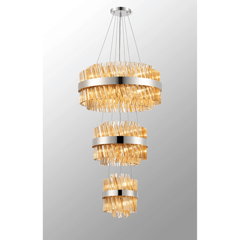 Hampton 3 Tier 34 Light Ceiling Pendant Light In Polished Nickel With Amber Glass