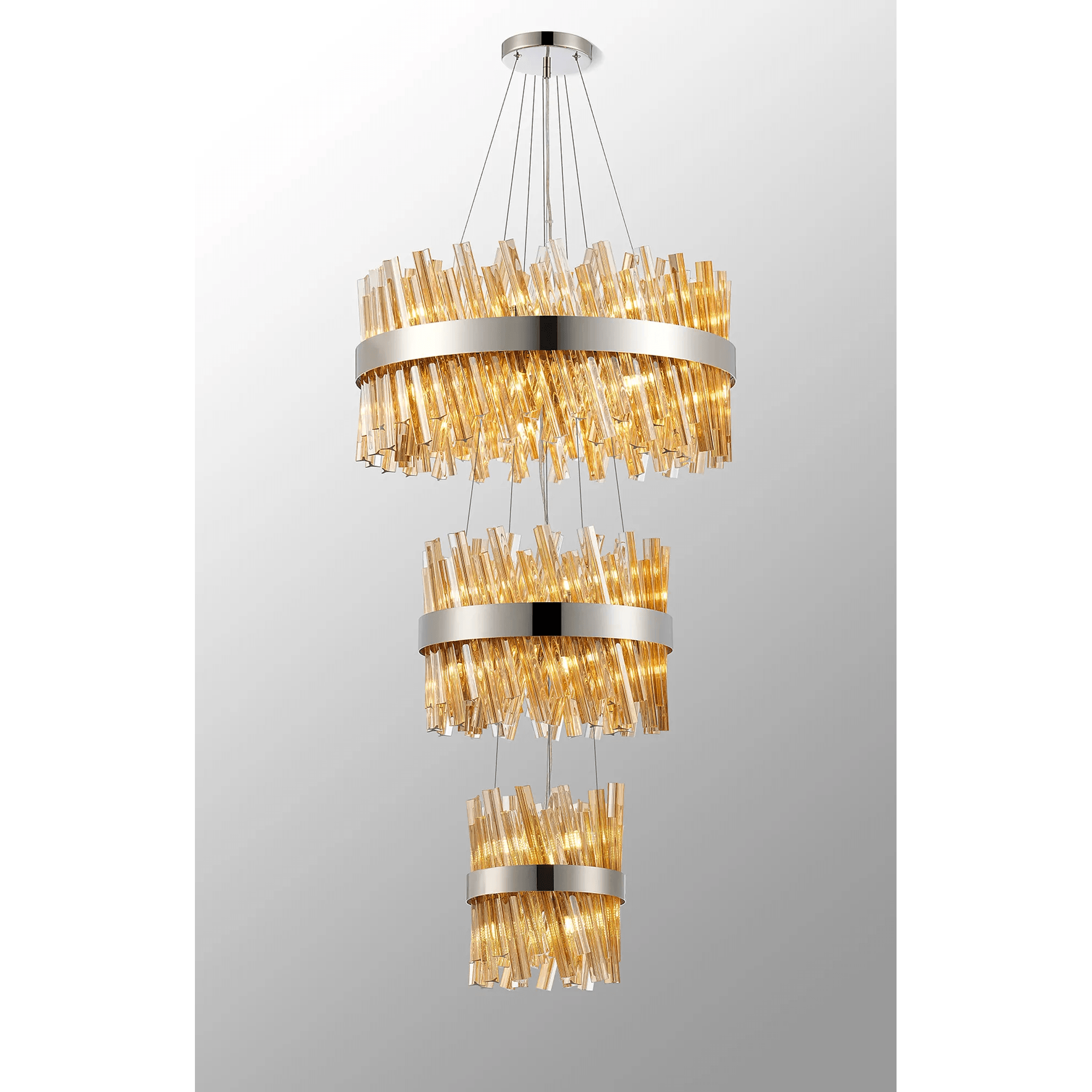 Hampton 3 Tier 34 Light Ceiling Pendant Light In Polished Nickel With Amber Glass