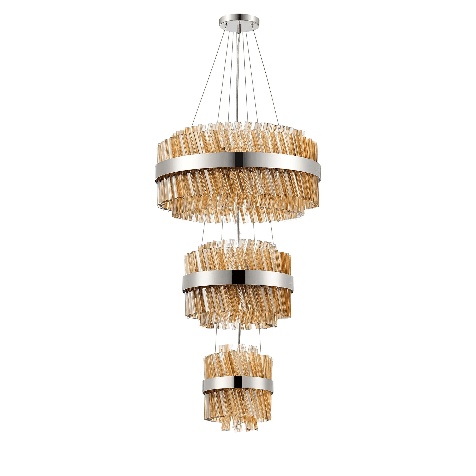 Hampton 3 Tier 34 Light Ceiling Pendant Light In Polished Nickel With Amber Glass