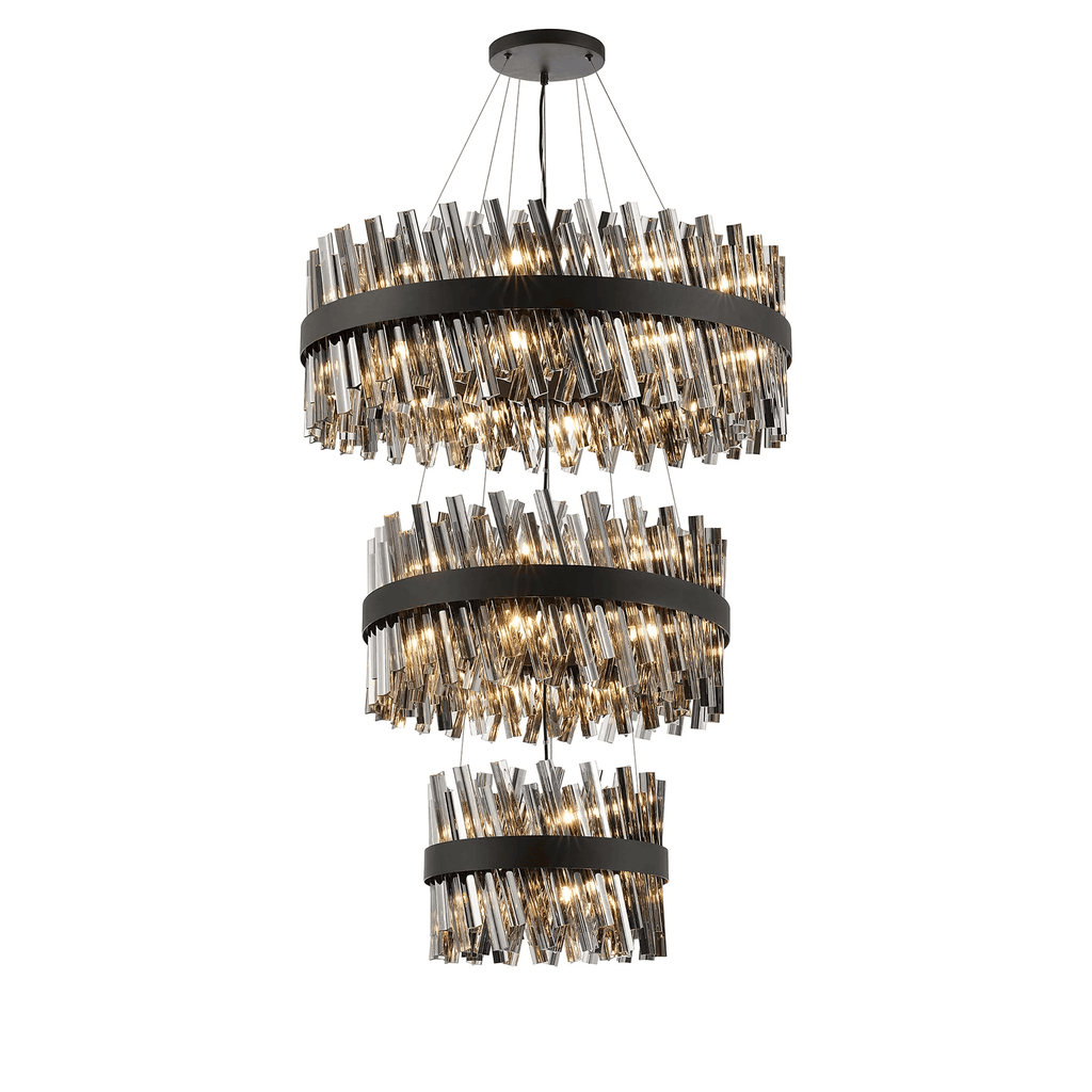 Hampton 3 Tier 52 Light Ceiling Pendant Light In Satin Black With Smoked Glass