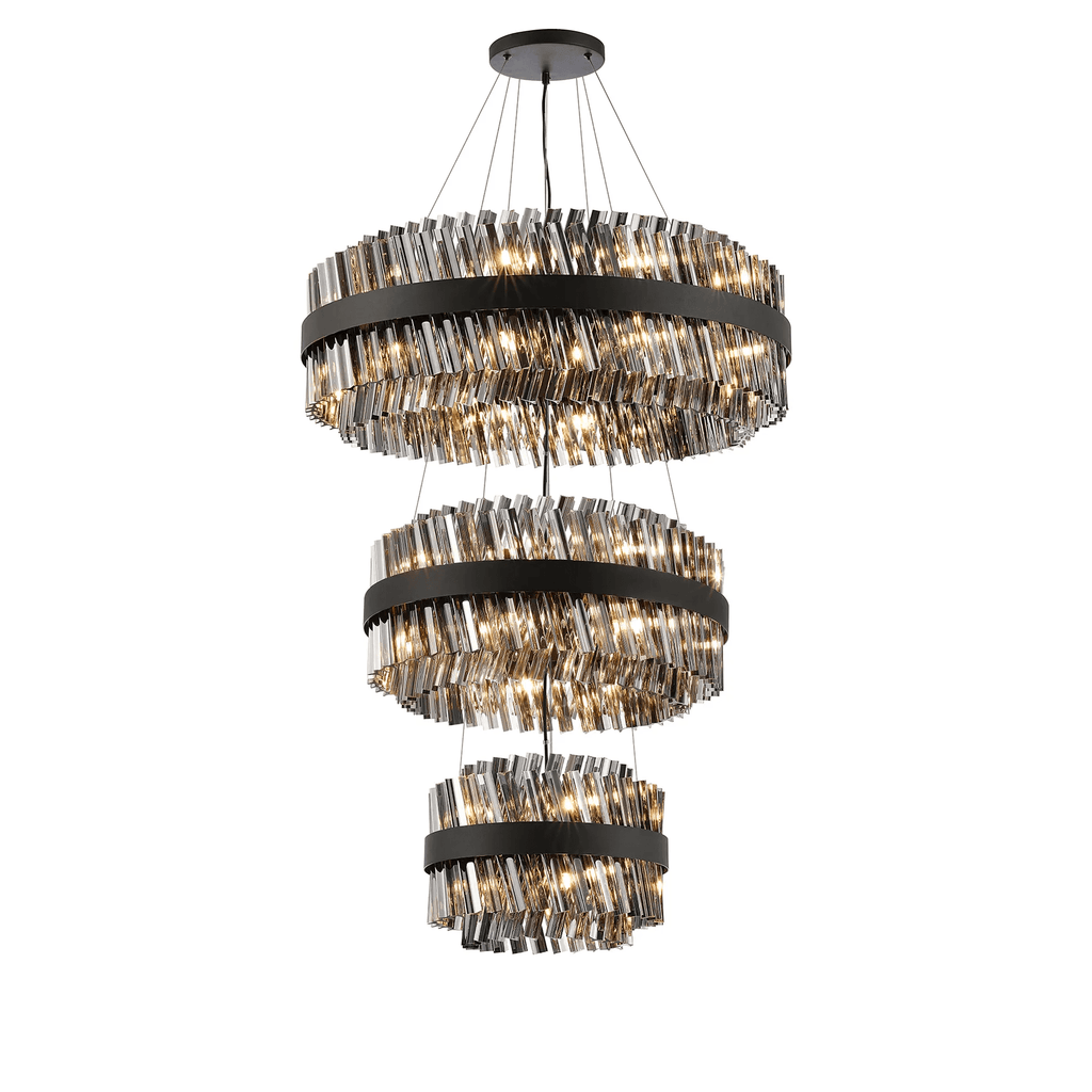 Hampton 3 Tier 52 Light Ceiling Pendant Light In Satin Black With Smoked Glass
