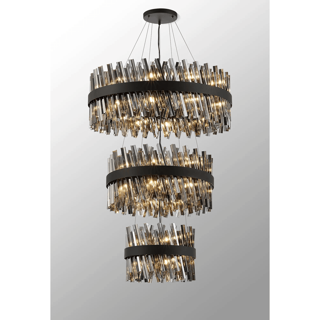 Hampton 3 Tier 52 Light Ceiling Pendant Light In Satin Black With Smoked Glass