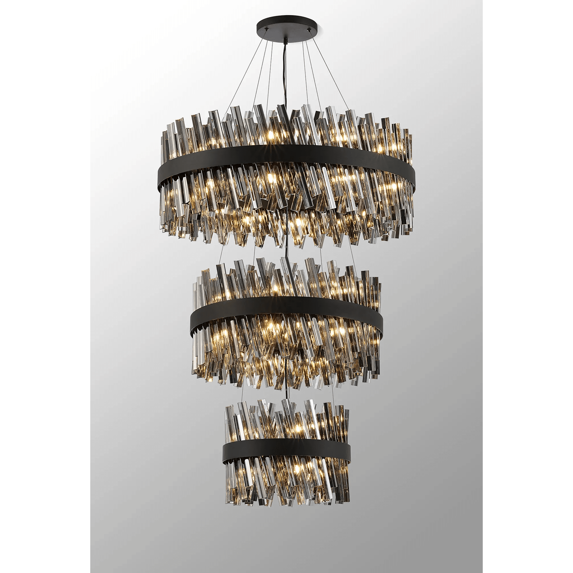 Hampton 3 Tier 52 Light Ceiling Pendant Light In Satin Black With Smoked Glass