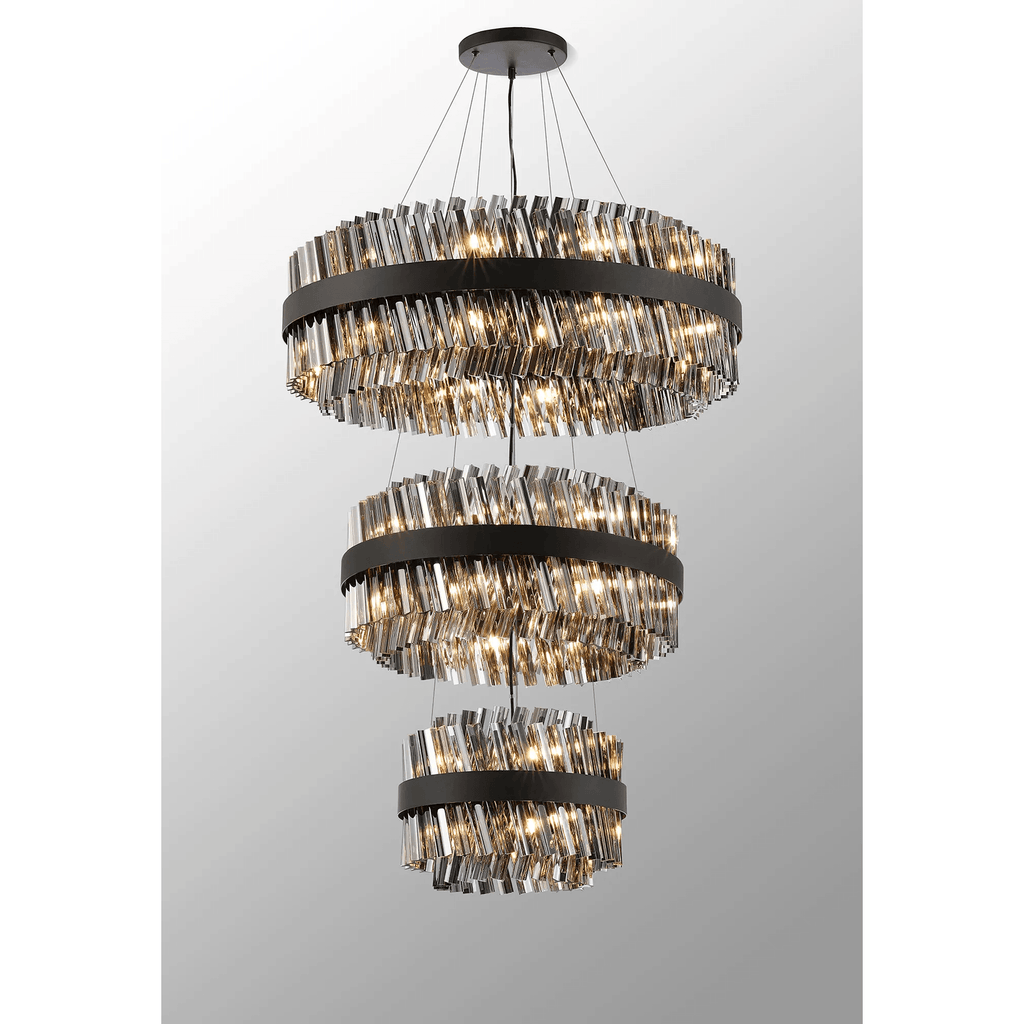 Hampton 3 Tier 52 Light Ceiling Pendant Light In Satin Black With Smoked Glass