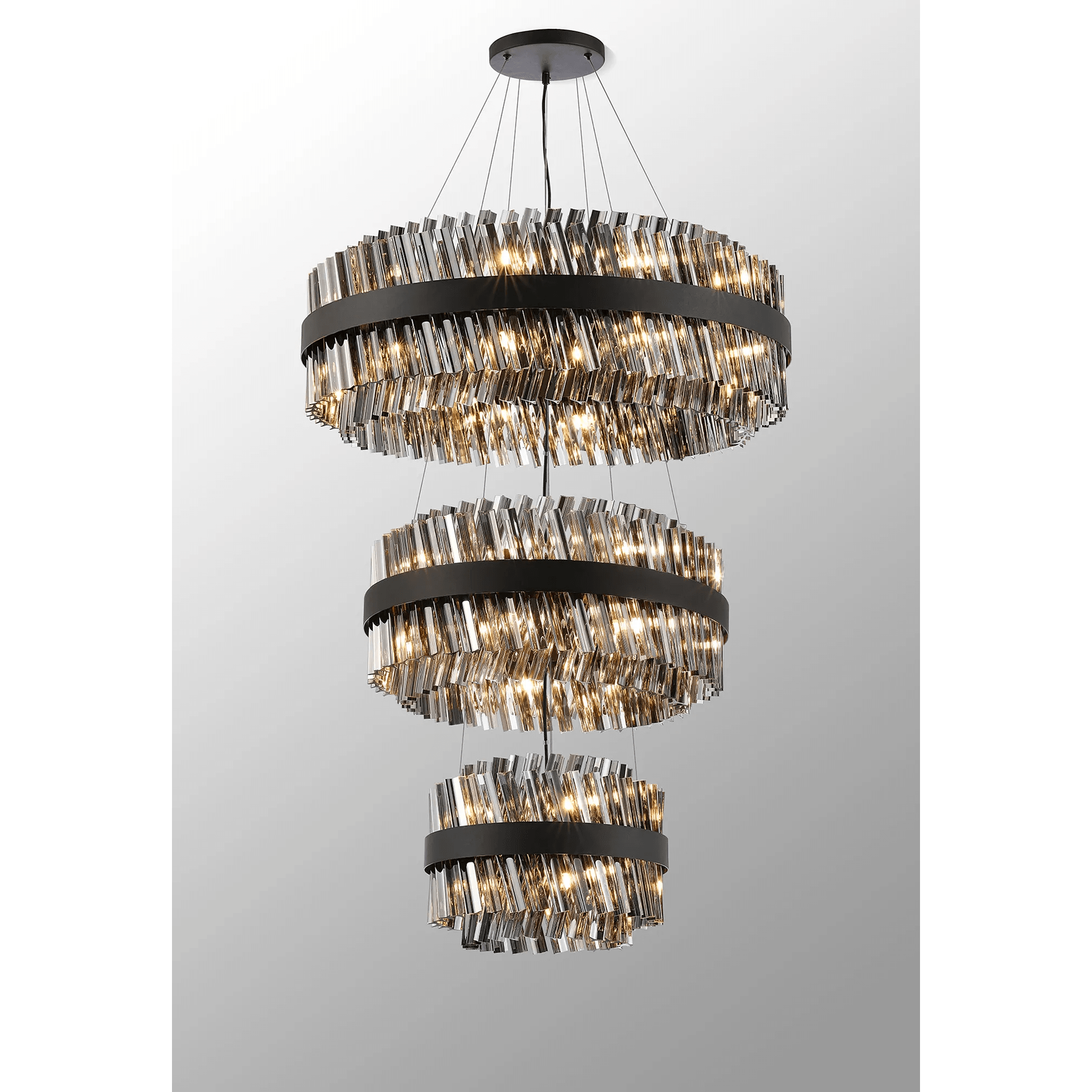 Hampton 3 Tier 52 Light Ceiling Pendant Light In Satin Black With Smoked Glass