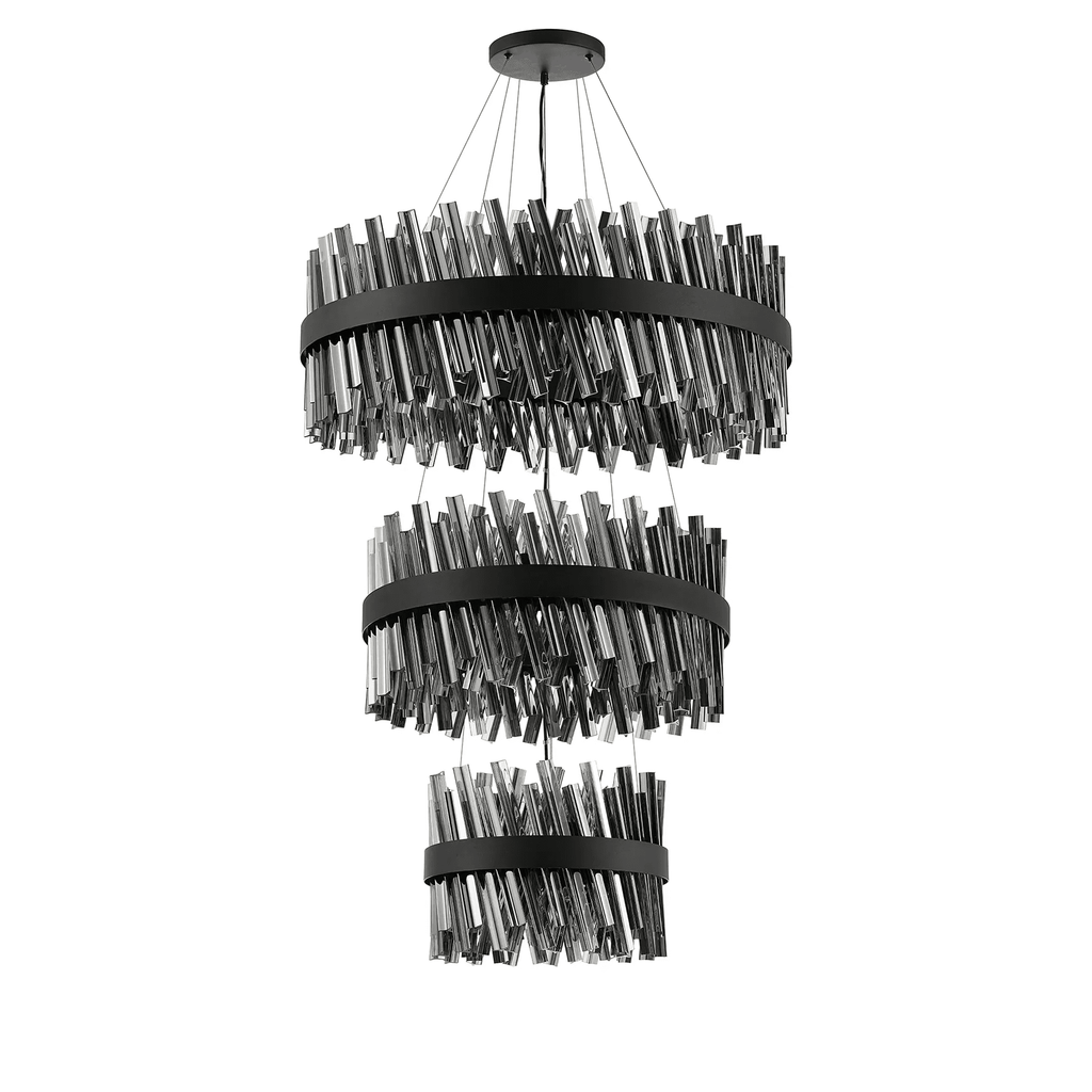 Hampton 3 Tier 52 Light Ceiling Pendant Light In Satin Black With Smoked Glass