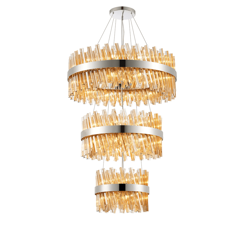 Hampton 3 Tier 52 Light Ceiling Pendant Light In Polished Nickel With Amber Glass