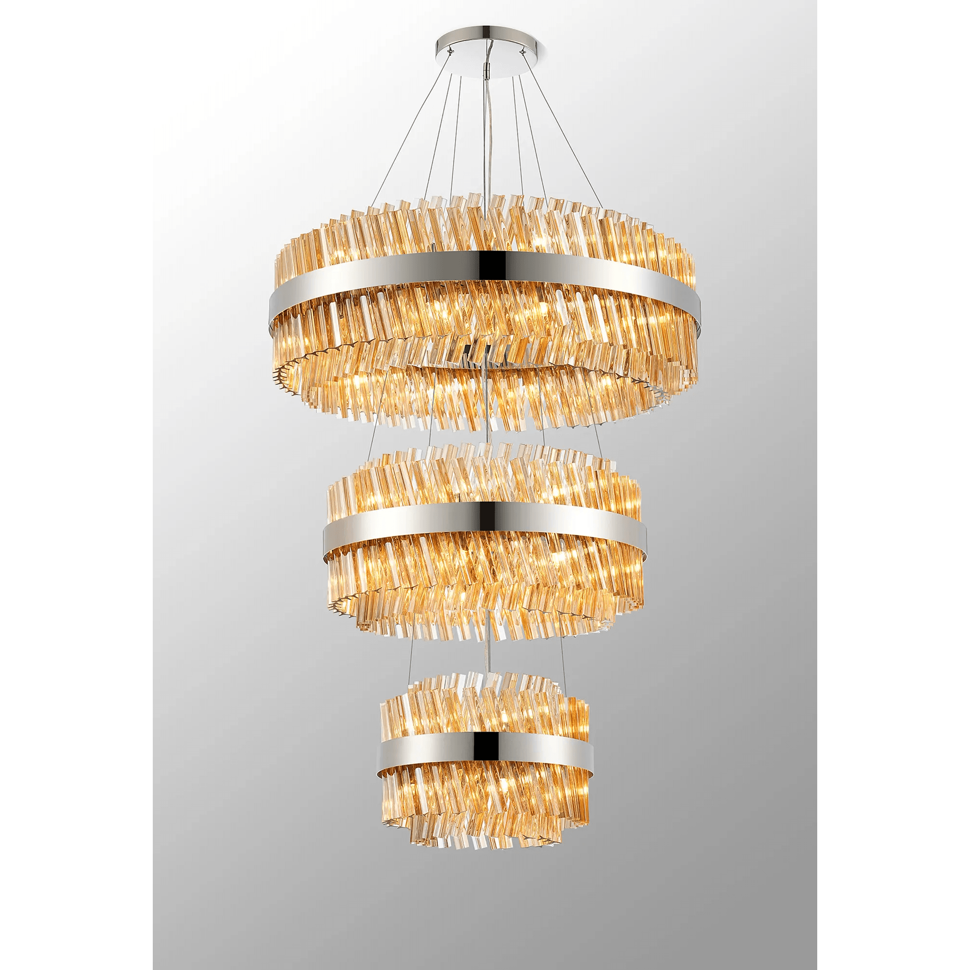Hampton 3 Tier 52 Light Ceiling Pendant Light In Polished Nickel With Amber Glass
