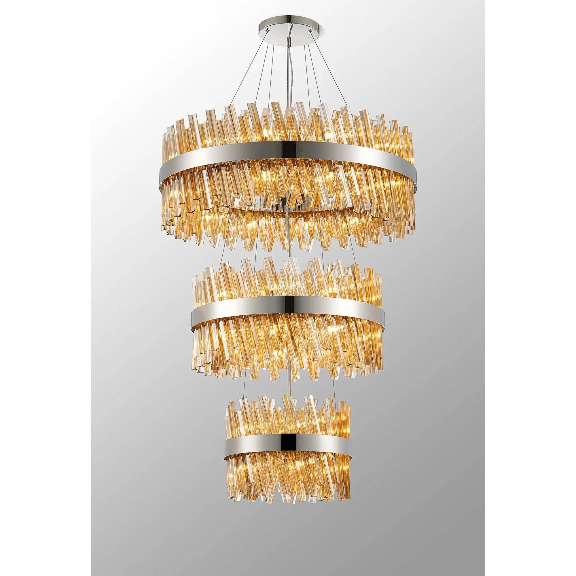 Hampton 3 Tier 52 Light Ceiling Pendant Light In Polished Nickel With Amber Glass
