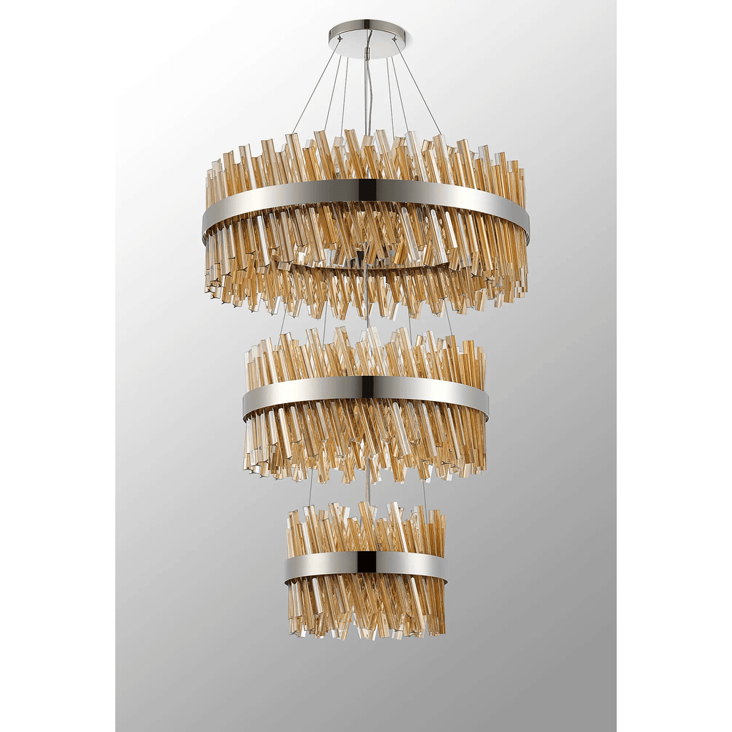 Hampton 3 Tier 52 Light Ceiling Pendant Light In Polished Nickel With Amber Glass