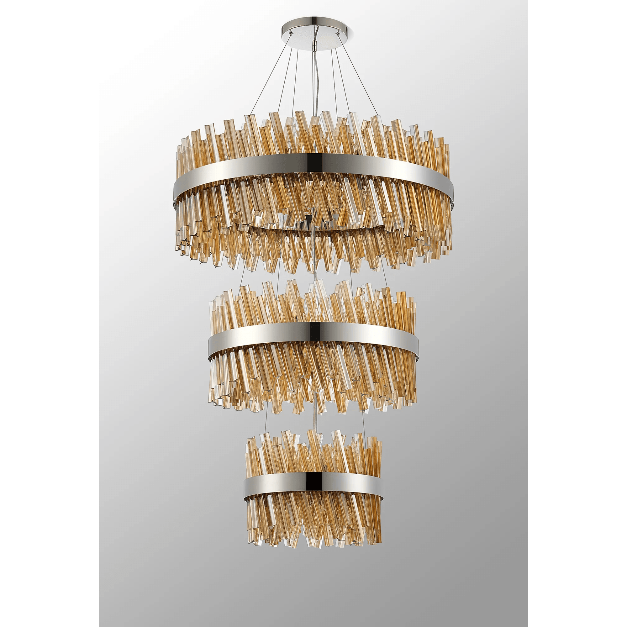 Hampton 3 Tier 52 Light Ceiling Pendant Light In Polished Nickel With Amber Glass