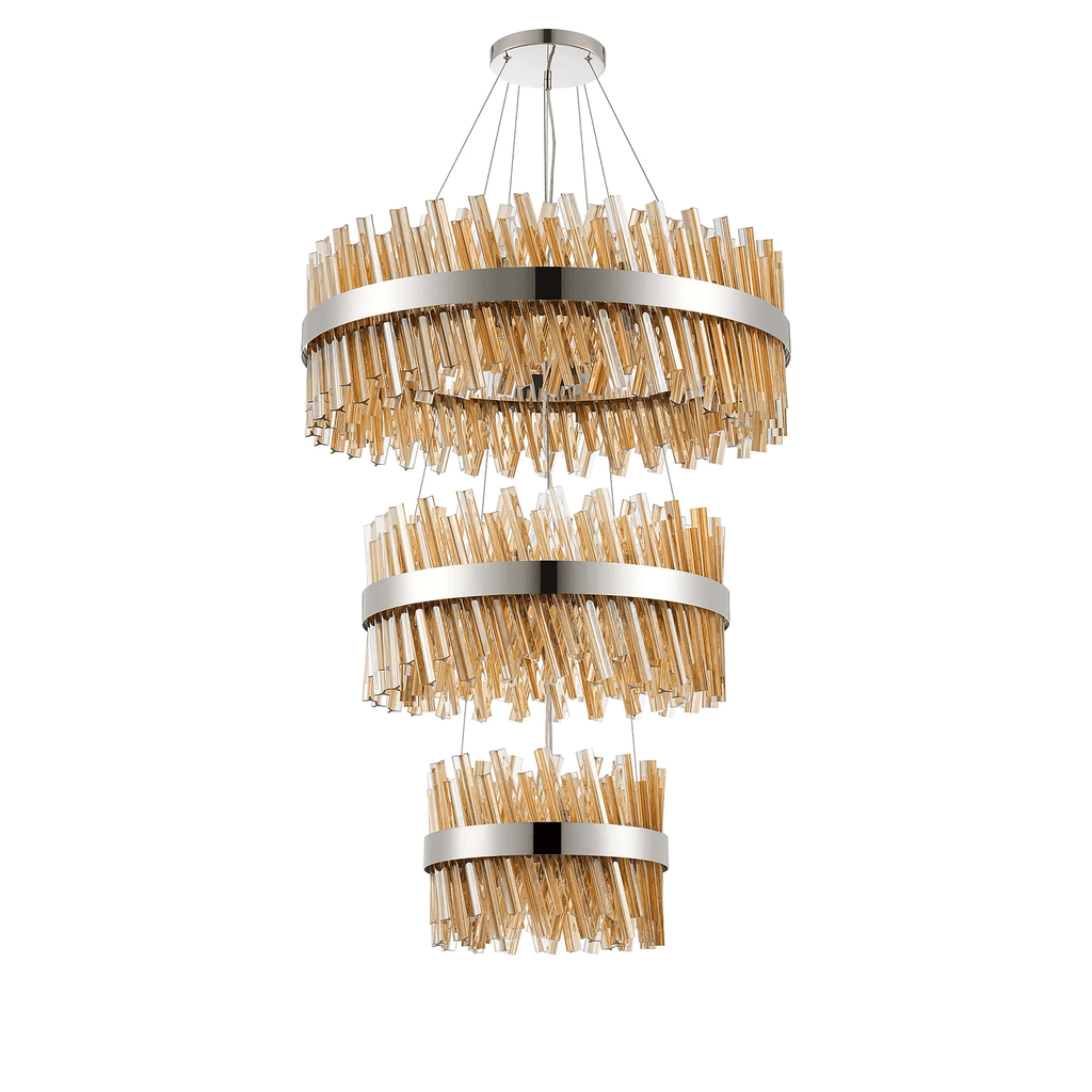 Hampton 3 Tier 52 Light Ceiling Pendant Light In Polished Nickel With Amber Glass