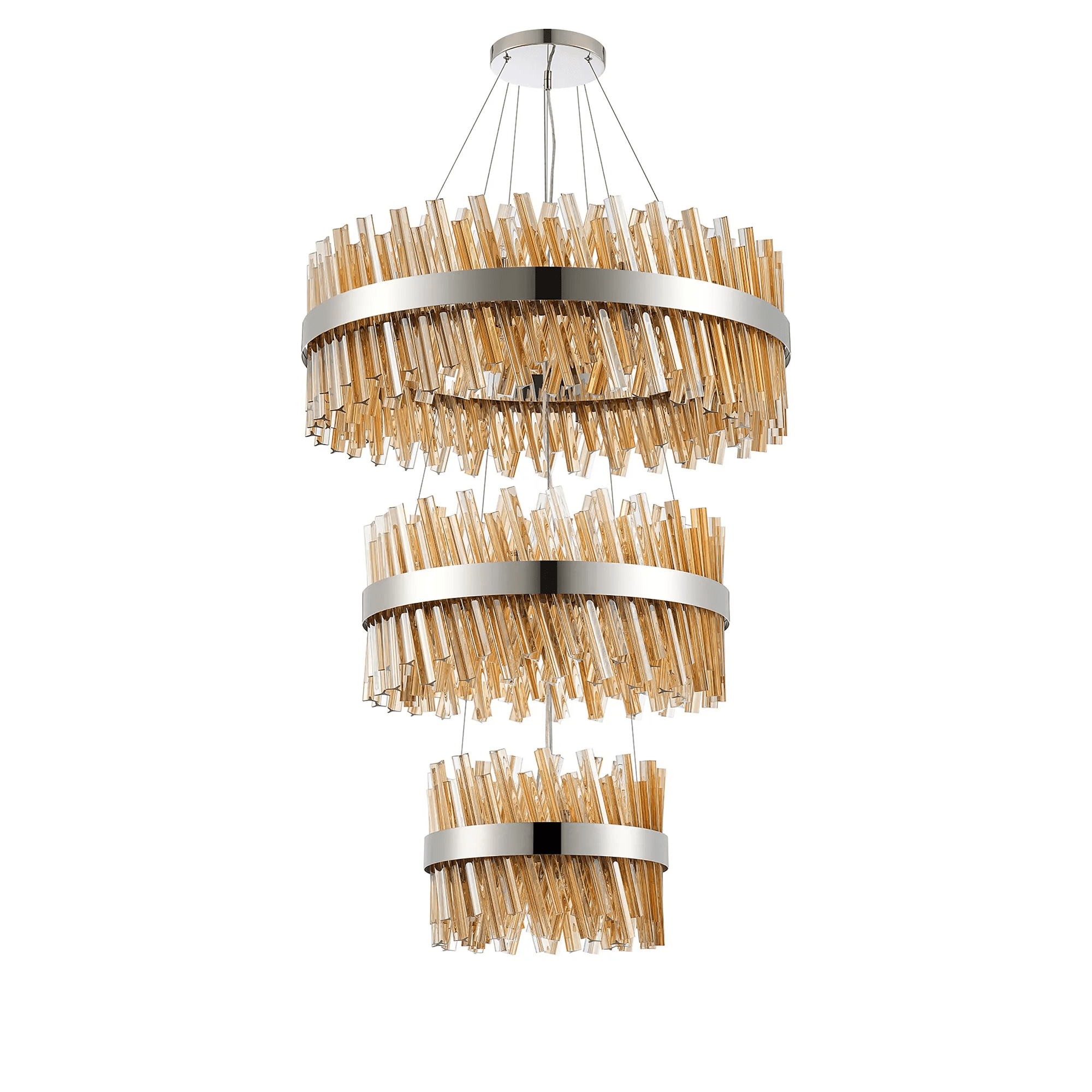 Hampton 3 Tier 52 Light Ceiling Pendant Light In Polished Nickel With Amber Glass