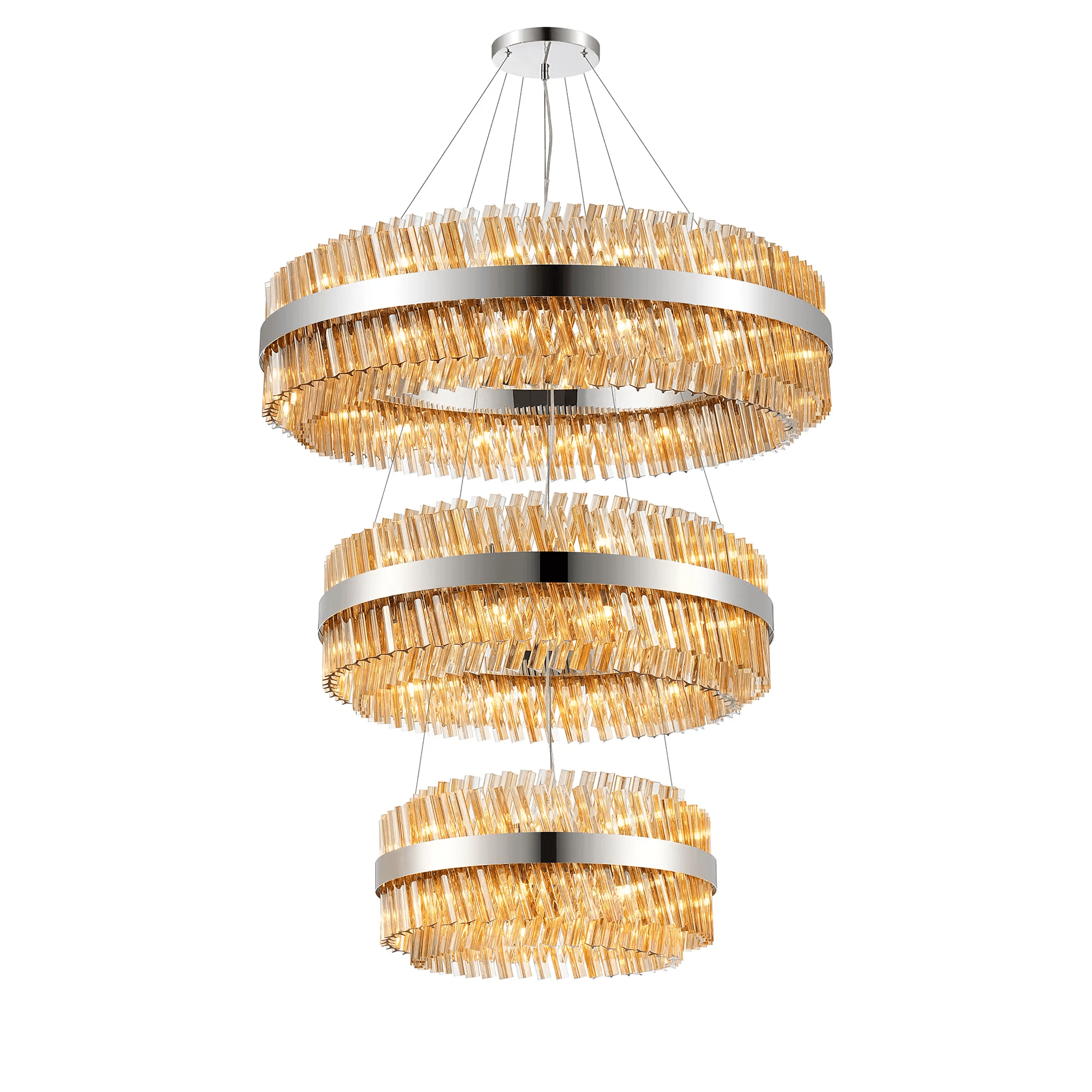Hampton 3 Tier 74 Light Ceiling Pendant Light In Polished Nickel With Amber Glass