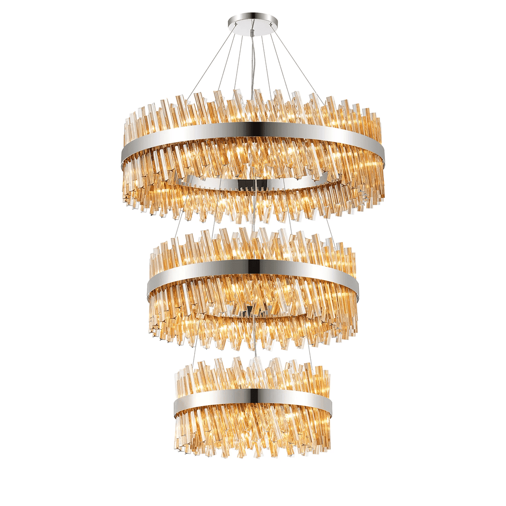 Hampton 3 Tier 74 Light Ceiling Pendant Light In Polished Nickel With Amber Glass