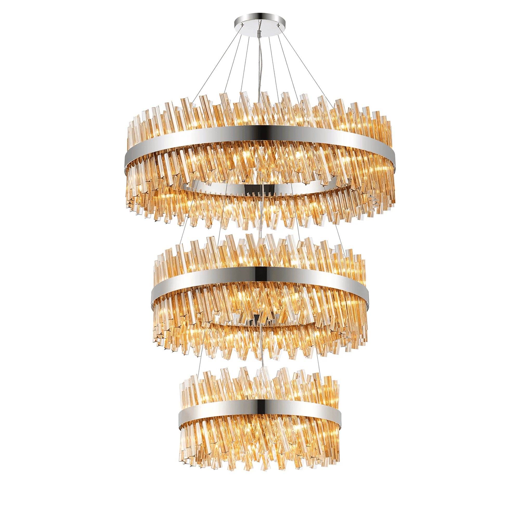 Hampton 3 Tier 74 Light Ceiling Pendant Light In Polished Nickel With Amber Glass