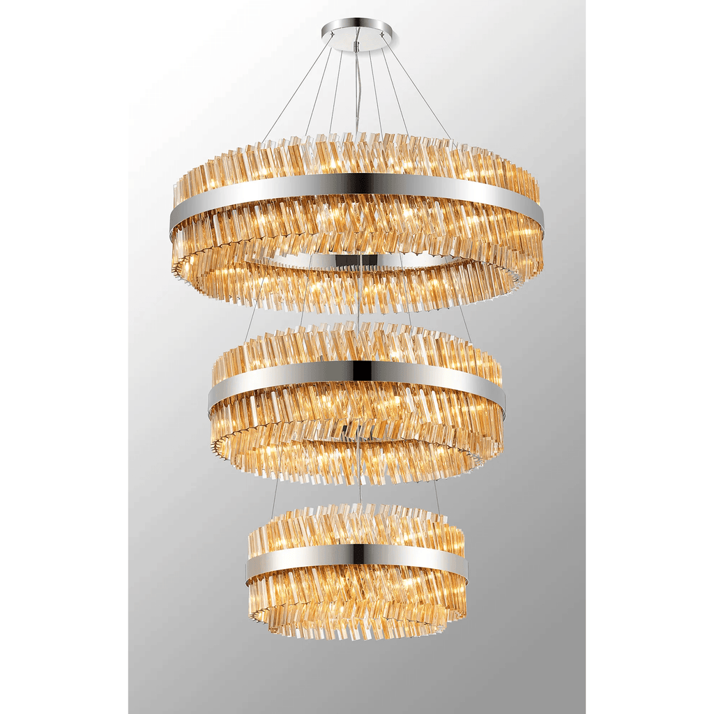Hampton 3 Tier 74 Light Ceiling Pendant Light In Polished Nickel With Amber Glass