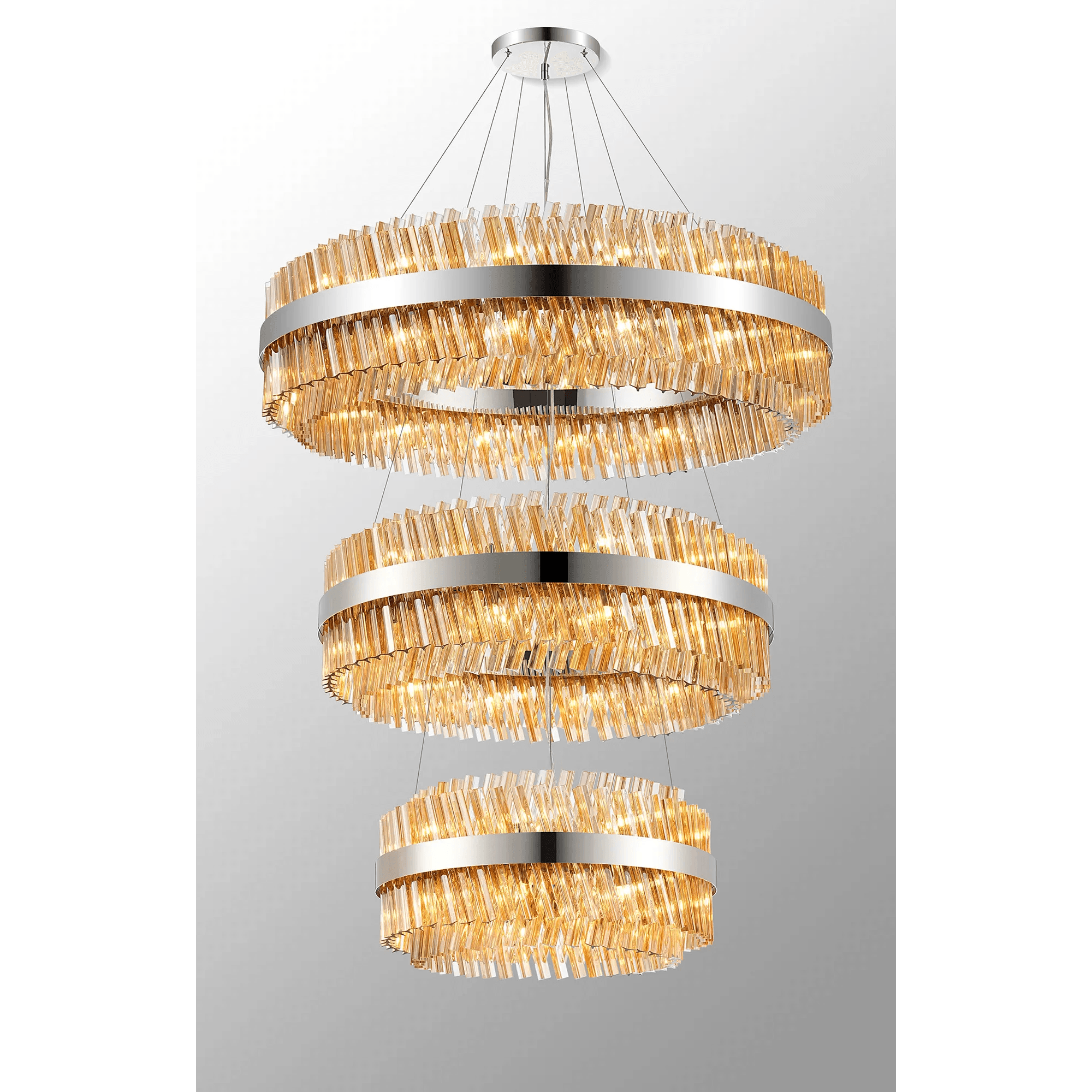 Hampton 3 Tier 74 Light Ceiling Pendant Light In Polished Nickel With Amber Glass