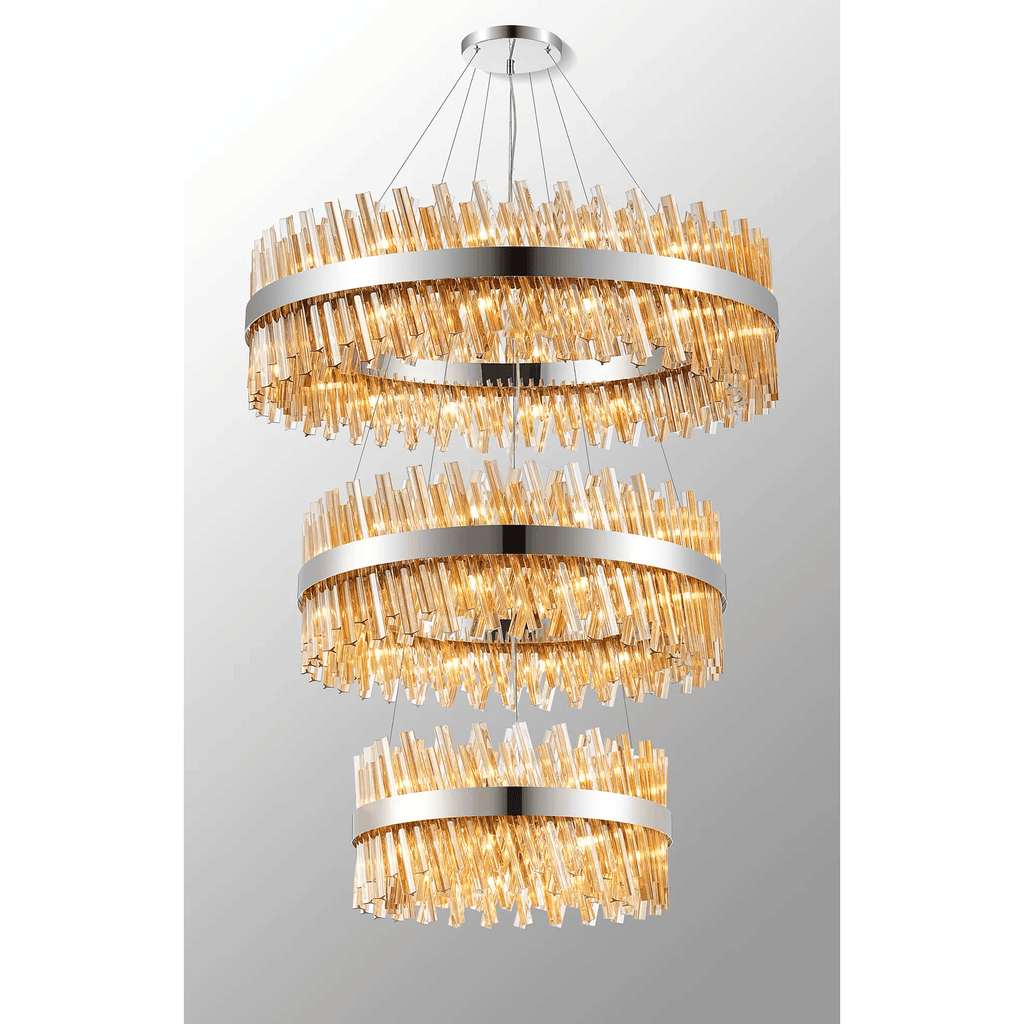 Hampton 3 Tier 74 Light Ceiling Pendant Light In Polished Nickel With Amber Glass