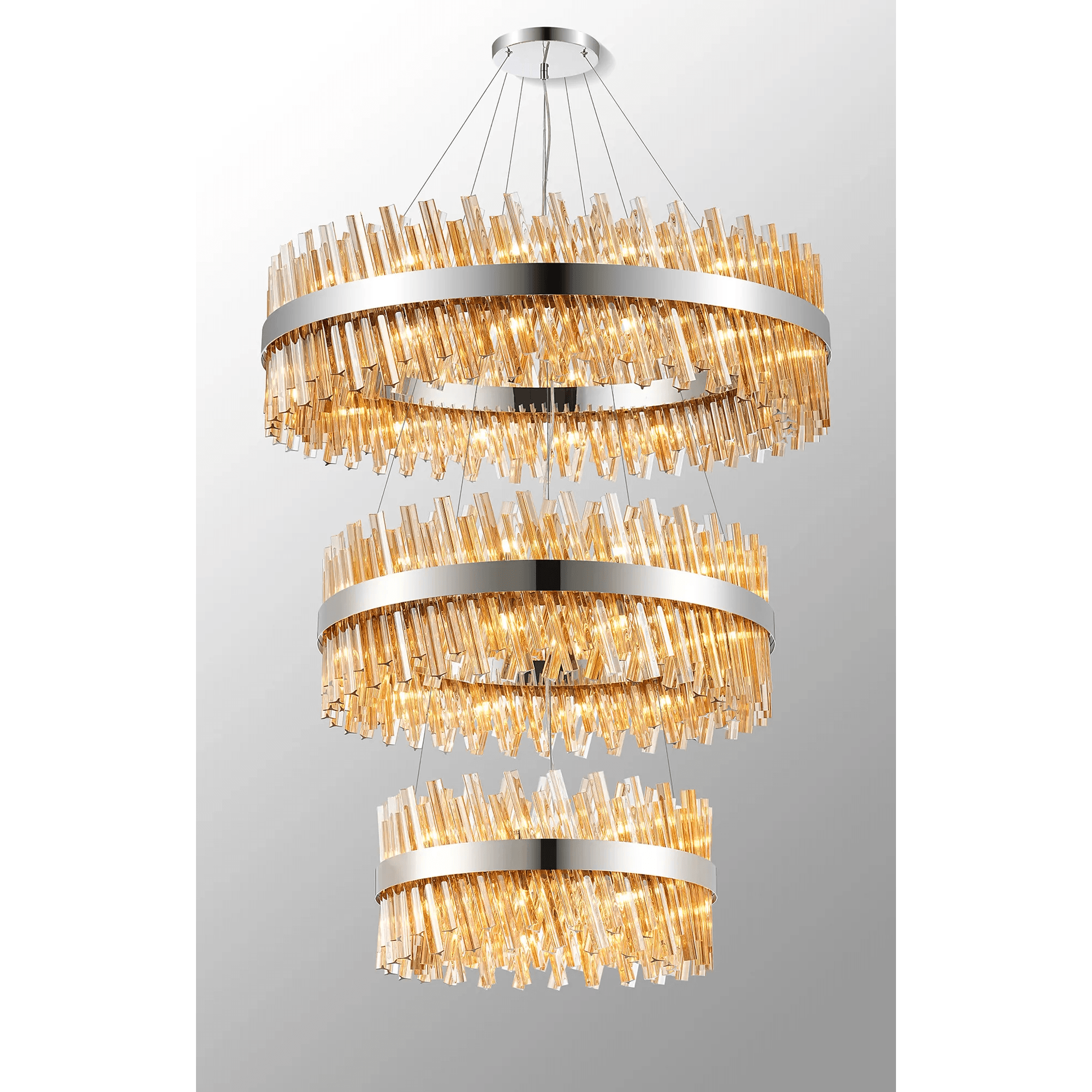 Hampton 3 Tier 74 Light Ceiling Pendant Light In Polished Nickel With Amber Glass