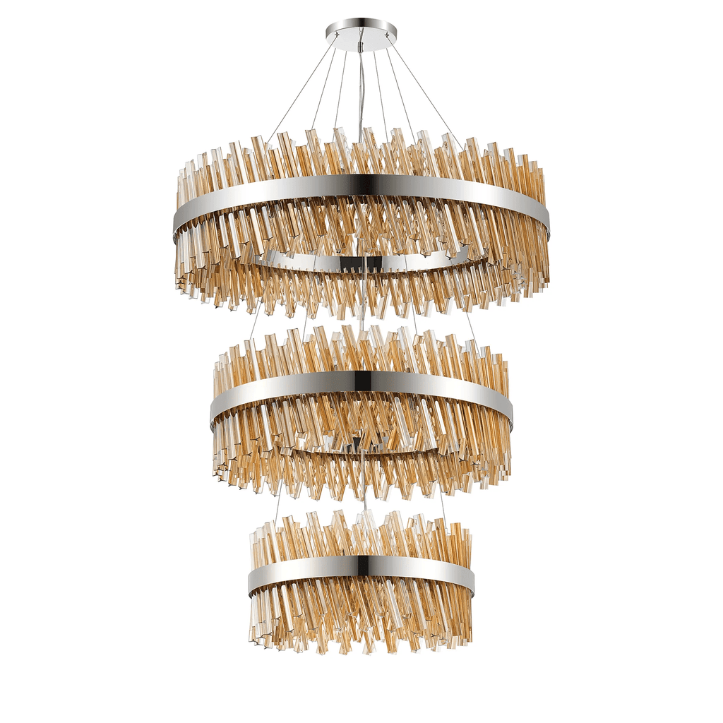 Hampton 3 Tier 74 Light Ceiling Pendant Light In Polished Nickel With Amber Glass
