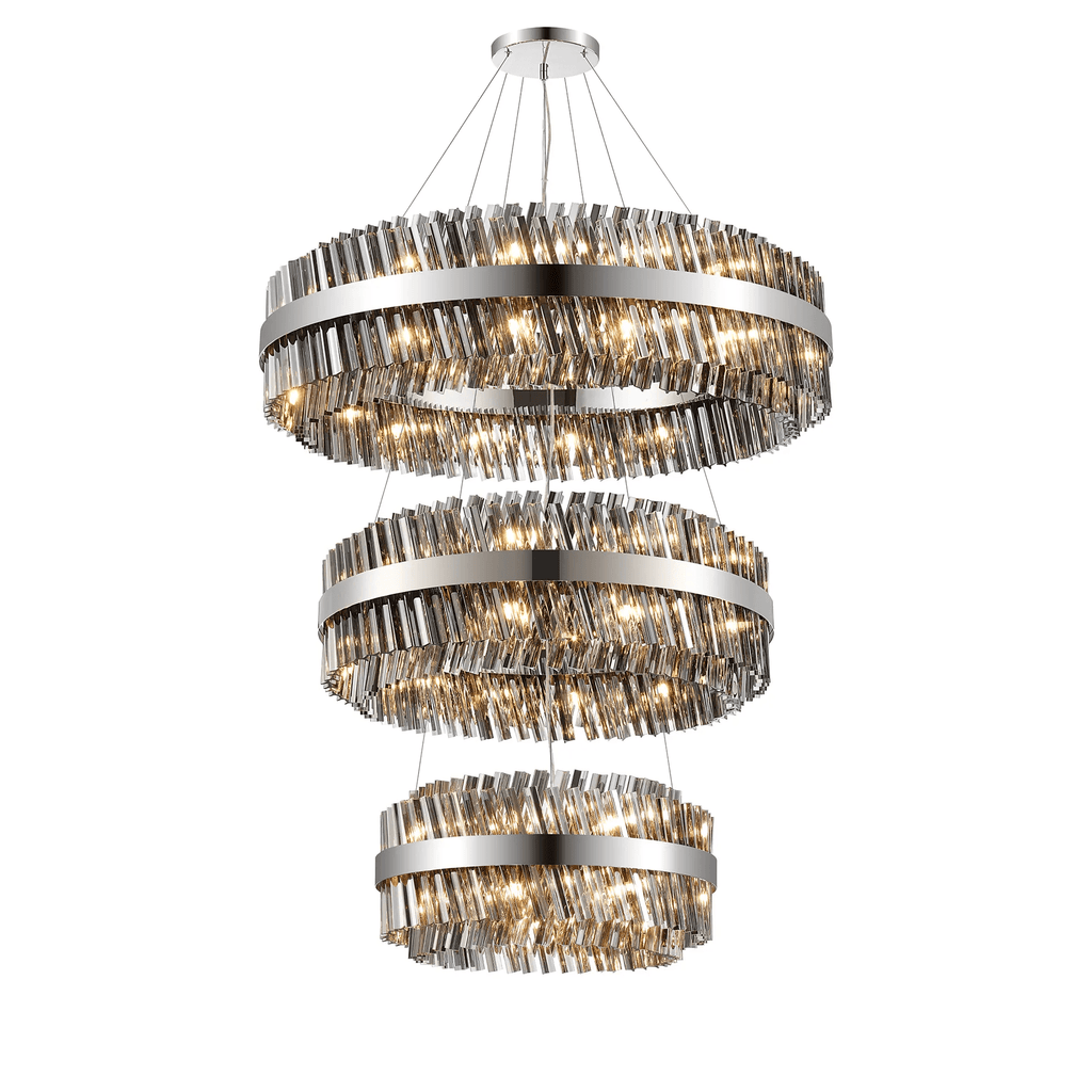 Hampton 3 Tier 74 Light Ceiling Pendant Light In Polished Nickel With Smoked Glass