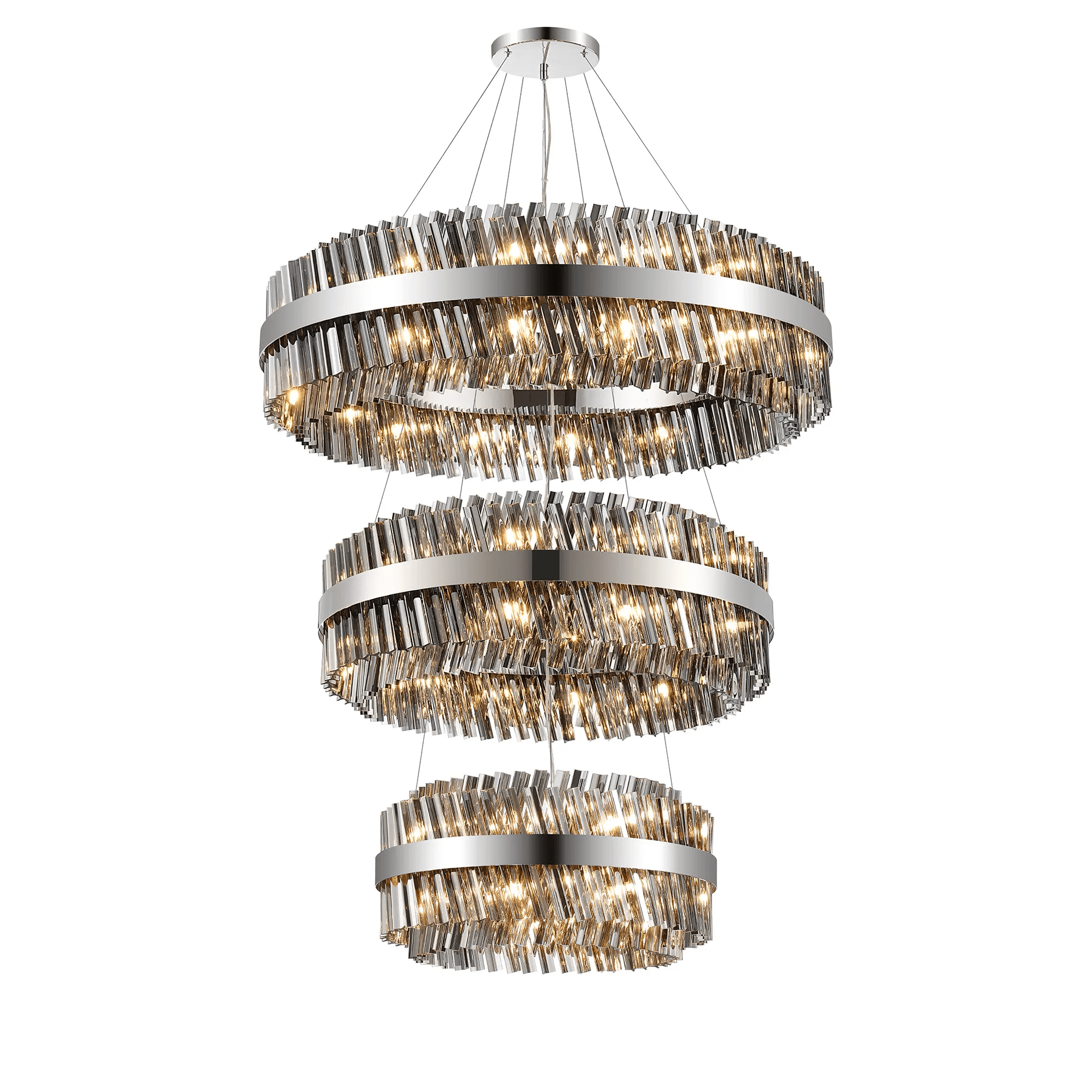 Hampton 3 Tier 74 Light Ceiling Pendant Light In Polished Nickel With Smoked Glass