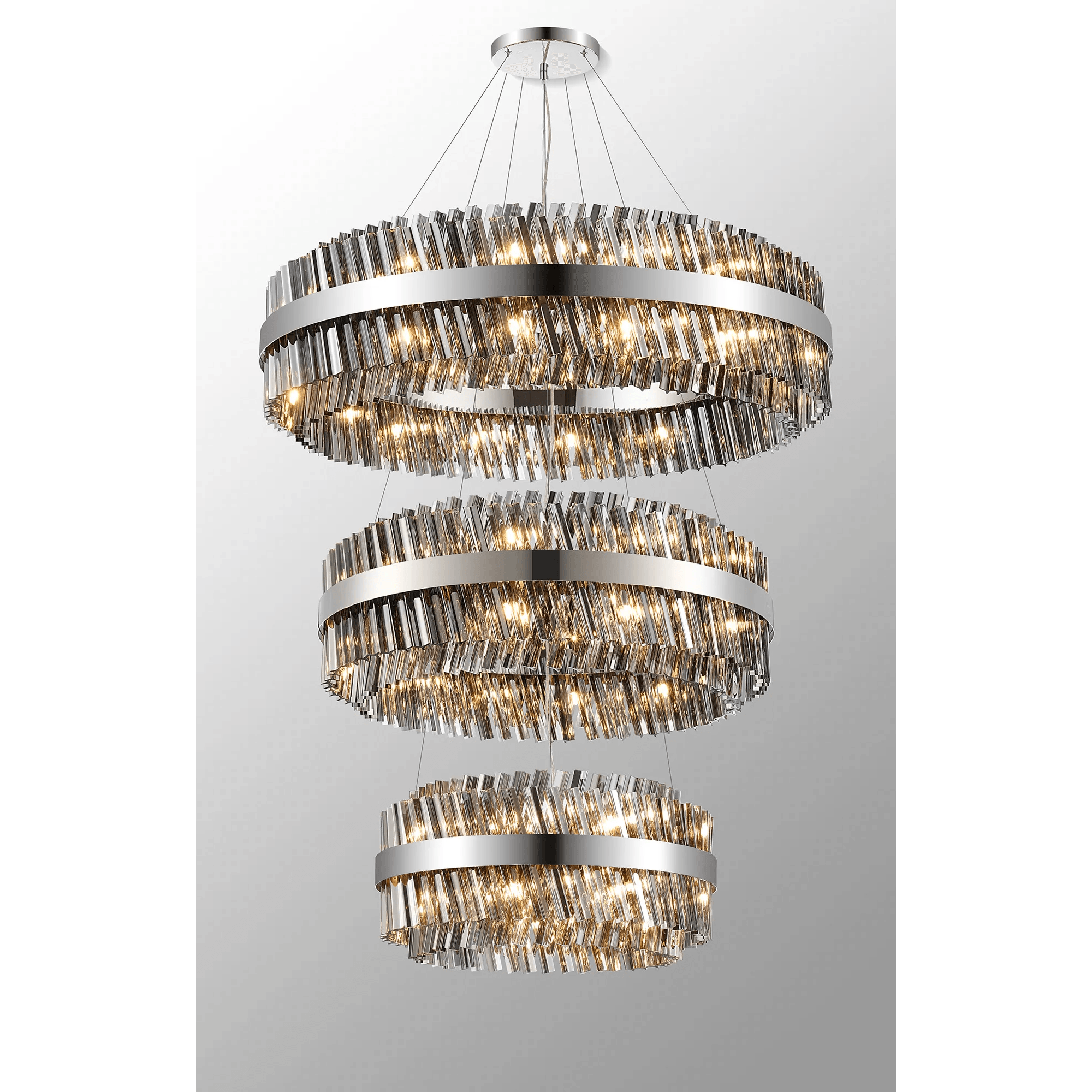 Hampton 3 Tier 74 Light Ceiling Pendant Light In Polished Nickel With Smoked Glass