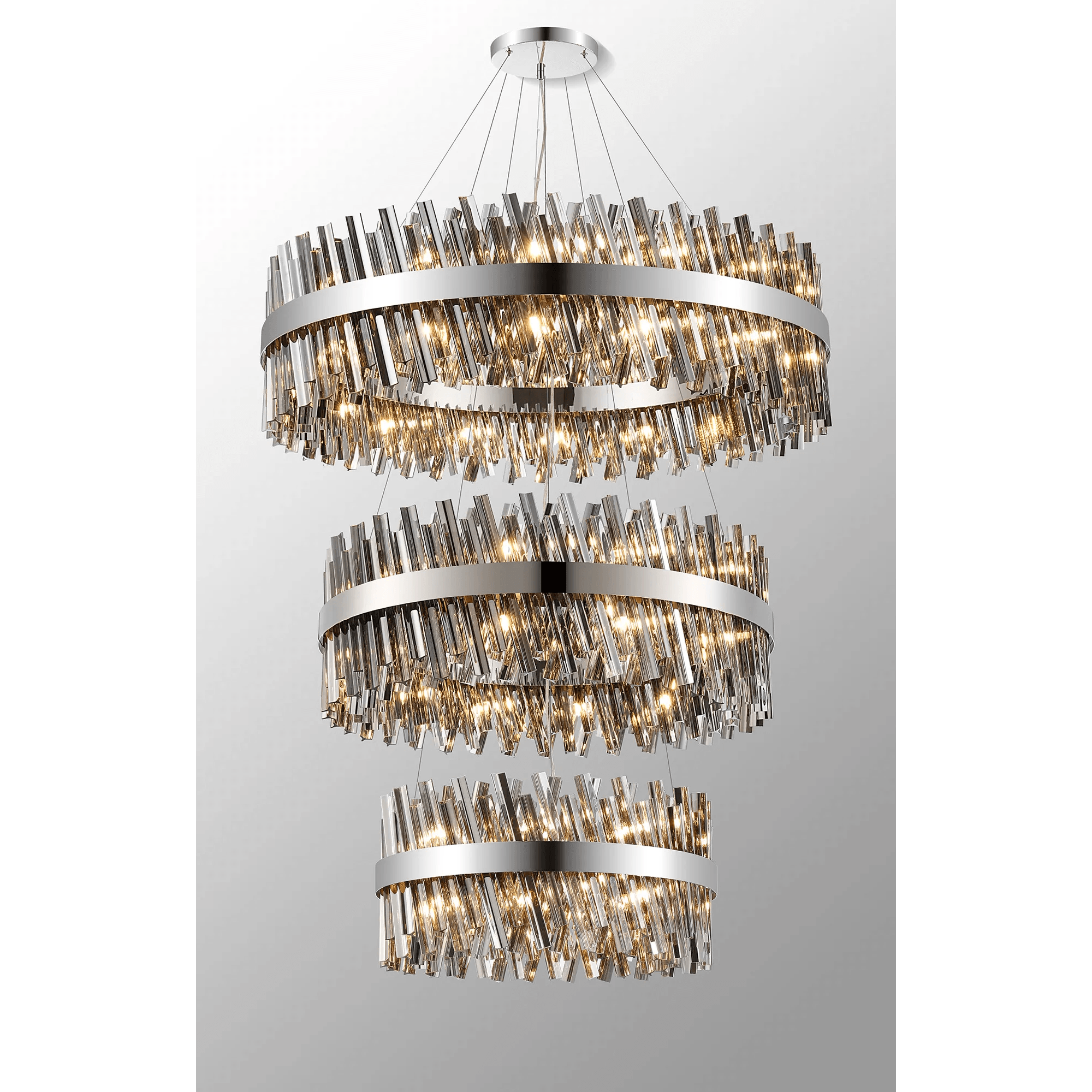 Hampton 3 Tier 74 Light Ceiling Pendant Light In Polished Nickel With Smoked Glass
