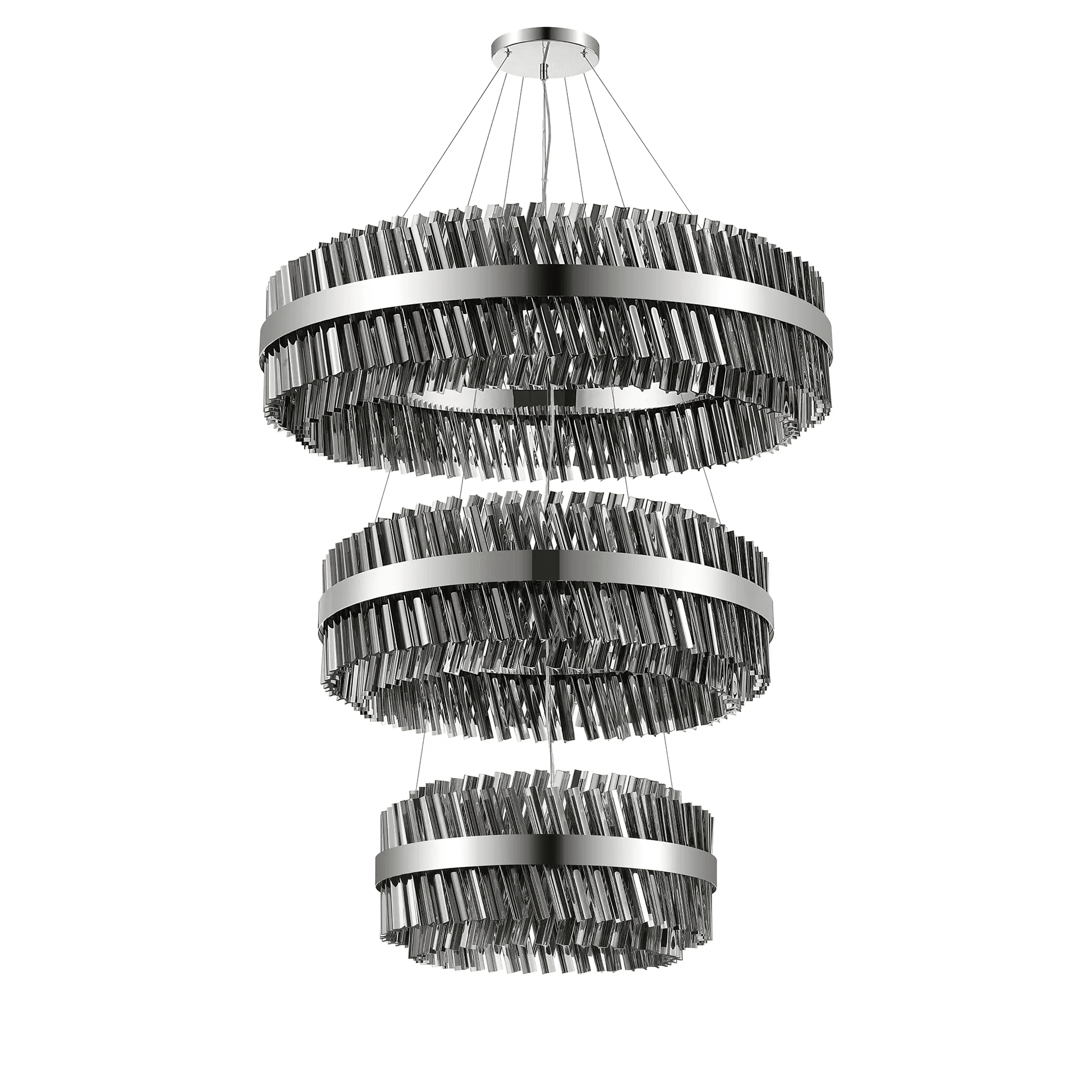 Hampton 3 Tier 74 Light Ceiling Pendant Light In Polished Nickel With Smoked Glass