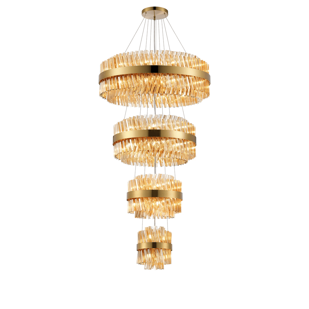 Hampton 4 Tier 58 Light Ceiling Pendant Light In Brass With Amber Glass