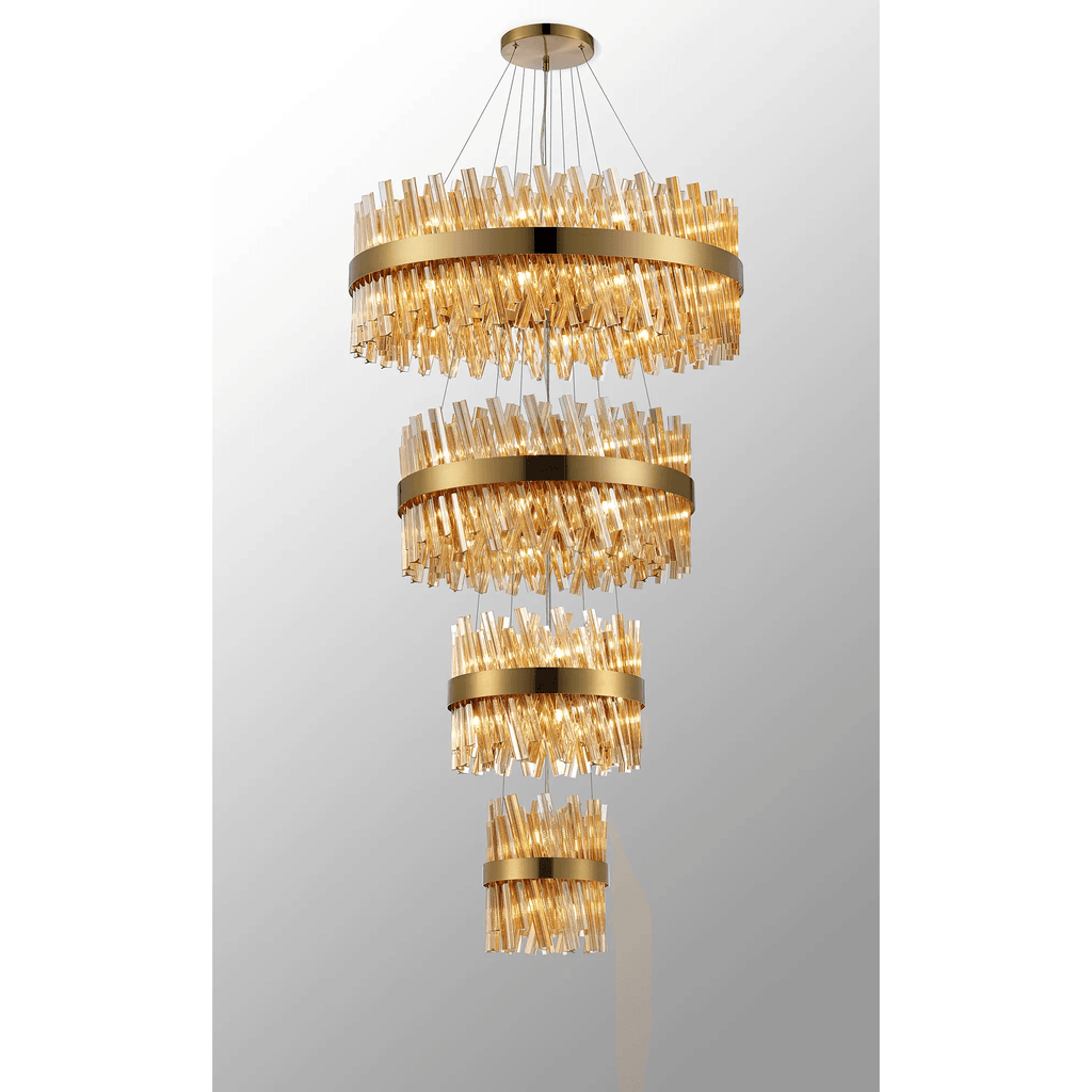Hampton 4 Tier 58 Light Ceiling Pendant Light In Brass With Amber Glass