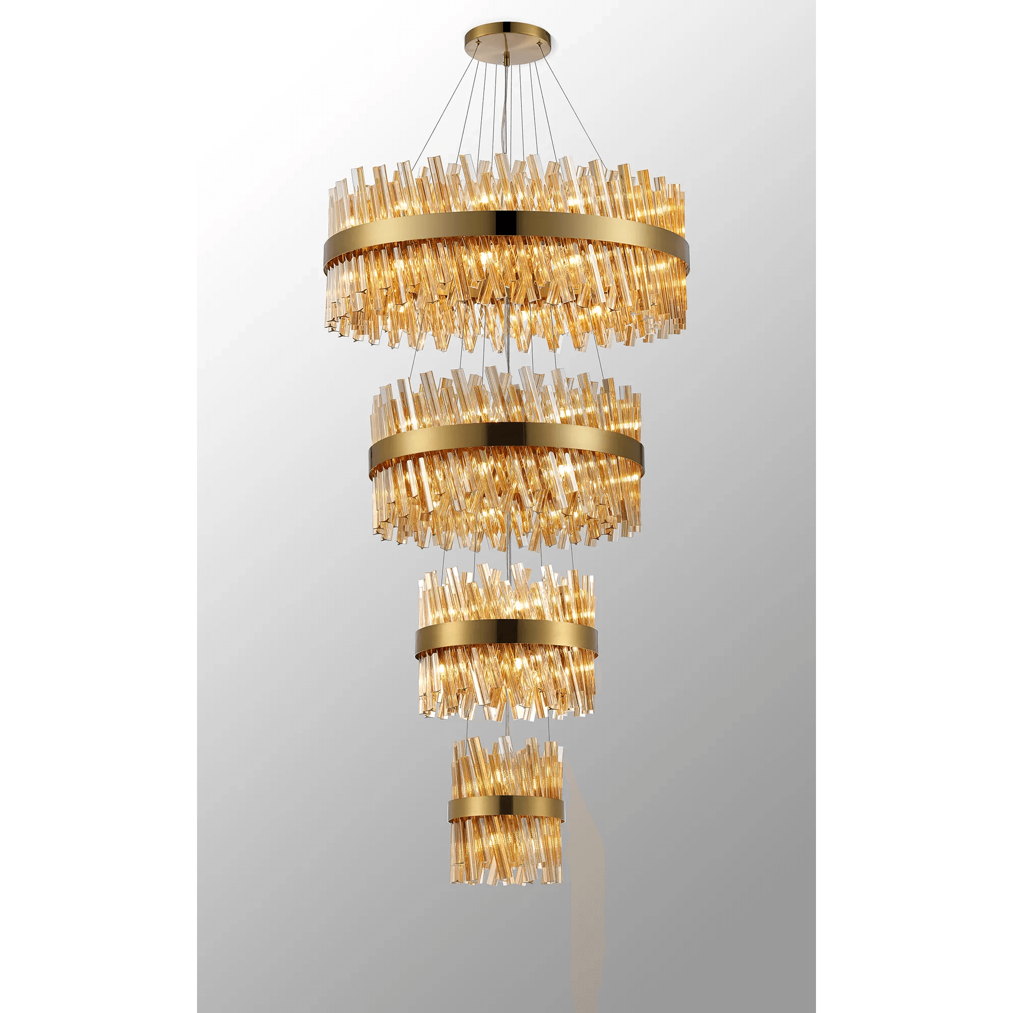 Hampton 4 Tier 58 Light Ceiling Pendant Light In Brass With Amber Glass