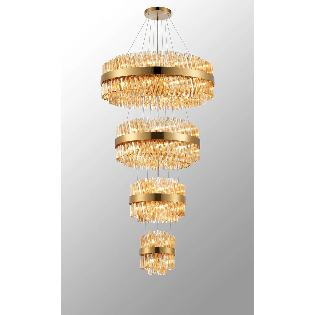 Hampton 4 Tier 58 Light Ceiling Pendant Light In Brass With Amber Glass