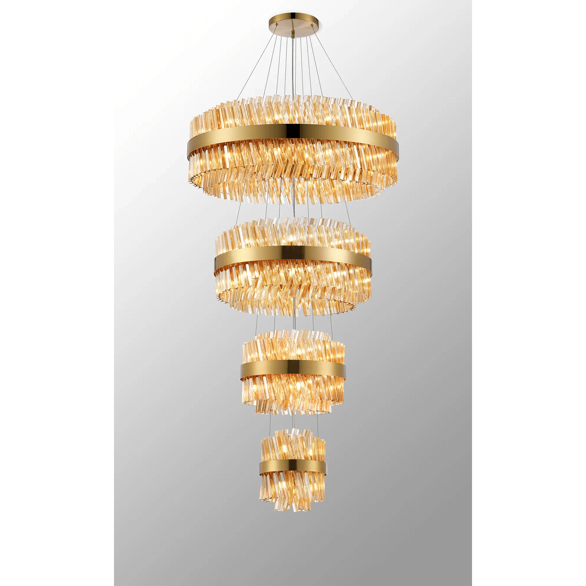 Hampton 4 Tier 58 Light Ceiling Pendant Light In Brass With Amber Glass