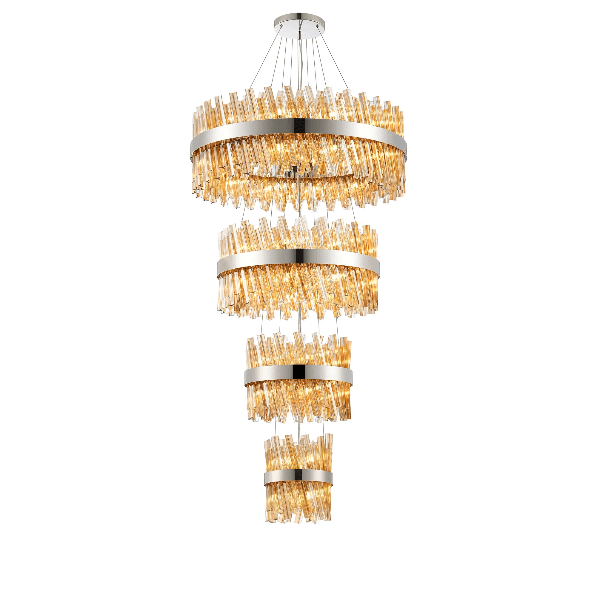 Hampton 4 Tier 58 Light Ceiling Pendant Light In Polished Nickel With Amber Glass