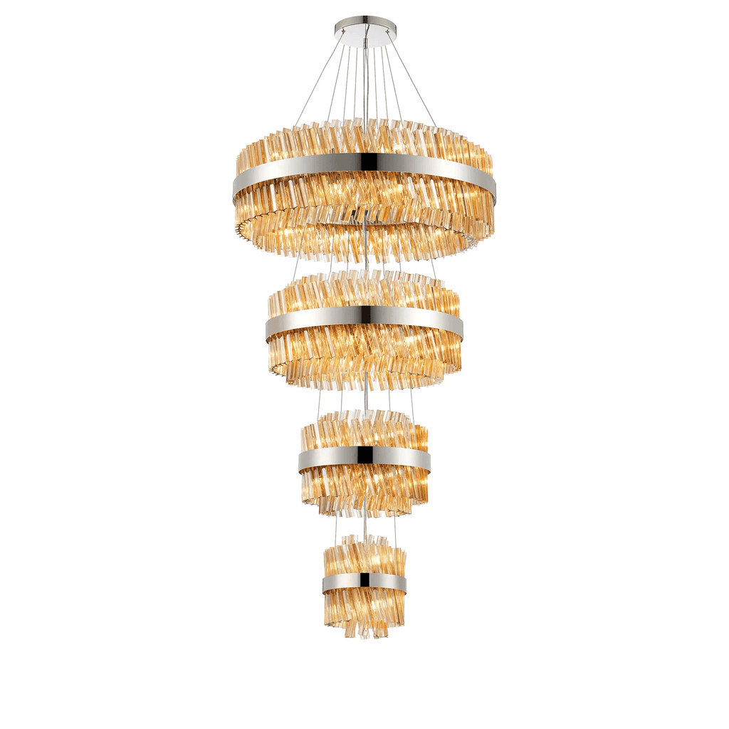 Hampton 4 Tier 58 Light Ceiling Pendant Light In Polished Nickel With Amber Glass