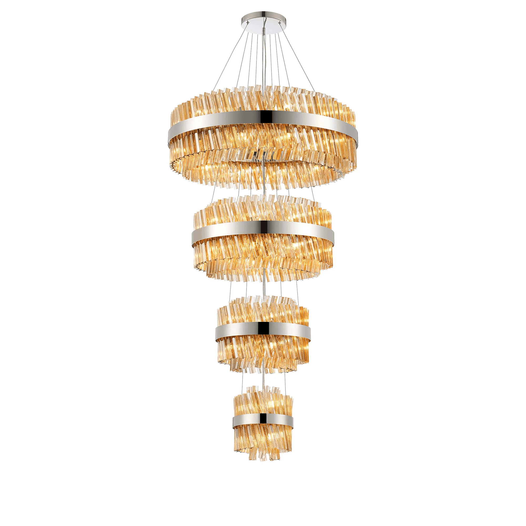 Hampton 4 Tier 58 Light Ceiling Pendant Light In Polished Nickel With Amber Glass