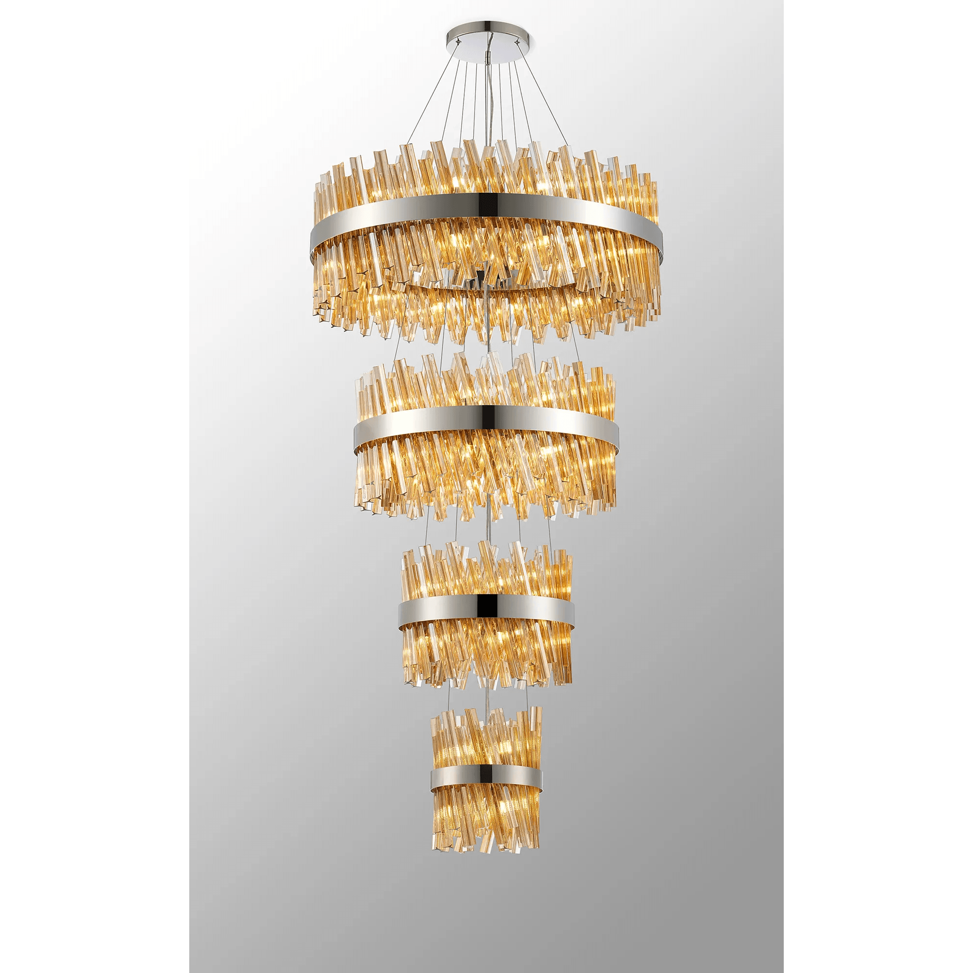 Hampton 4 Tier 58 Light Ceiling Pendant Light In Polished Nickel With Amber Glass