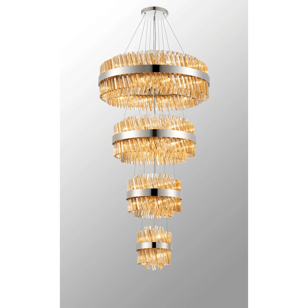 Hampton 4 Tier 58 Light Ceiling Pendant Light In Polished Nickel With Amber Glass