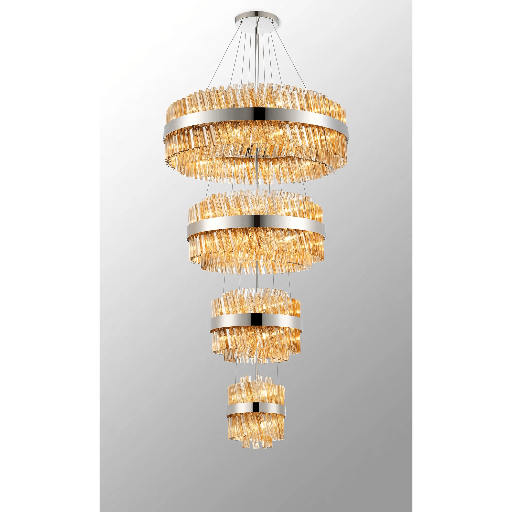 Hampton 4 Tier 58 Light Ceiling Pendant Light In Polished Nickel With Amber Glass