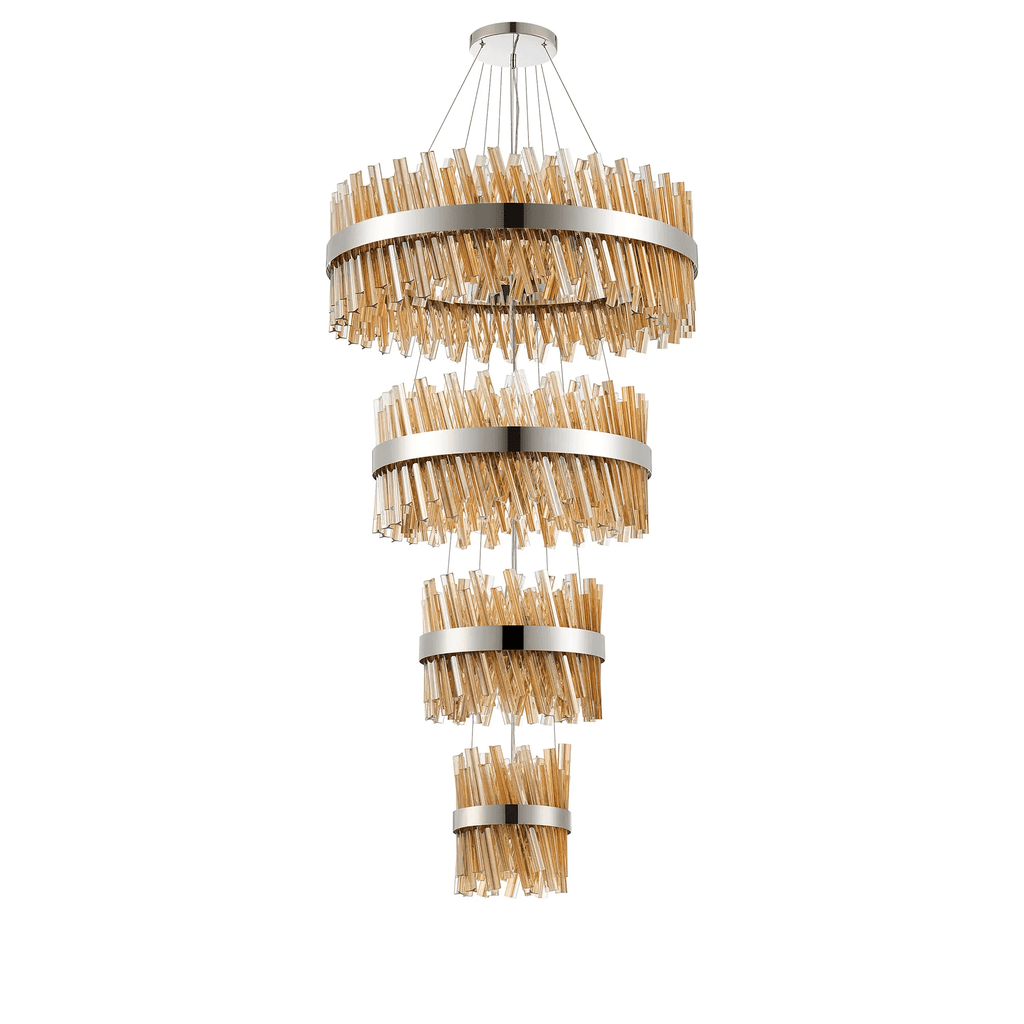Hampton 4 Tier 58 Light Ceiling Pendant Light In Polished Nickel With Amber Glass