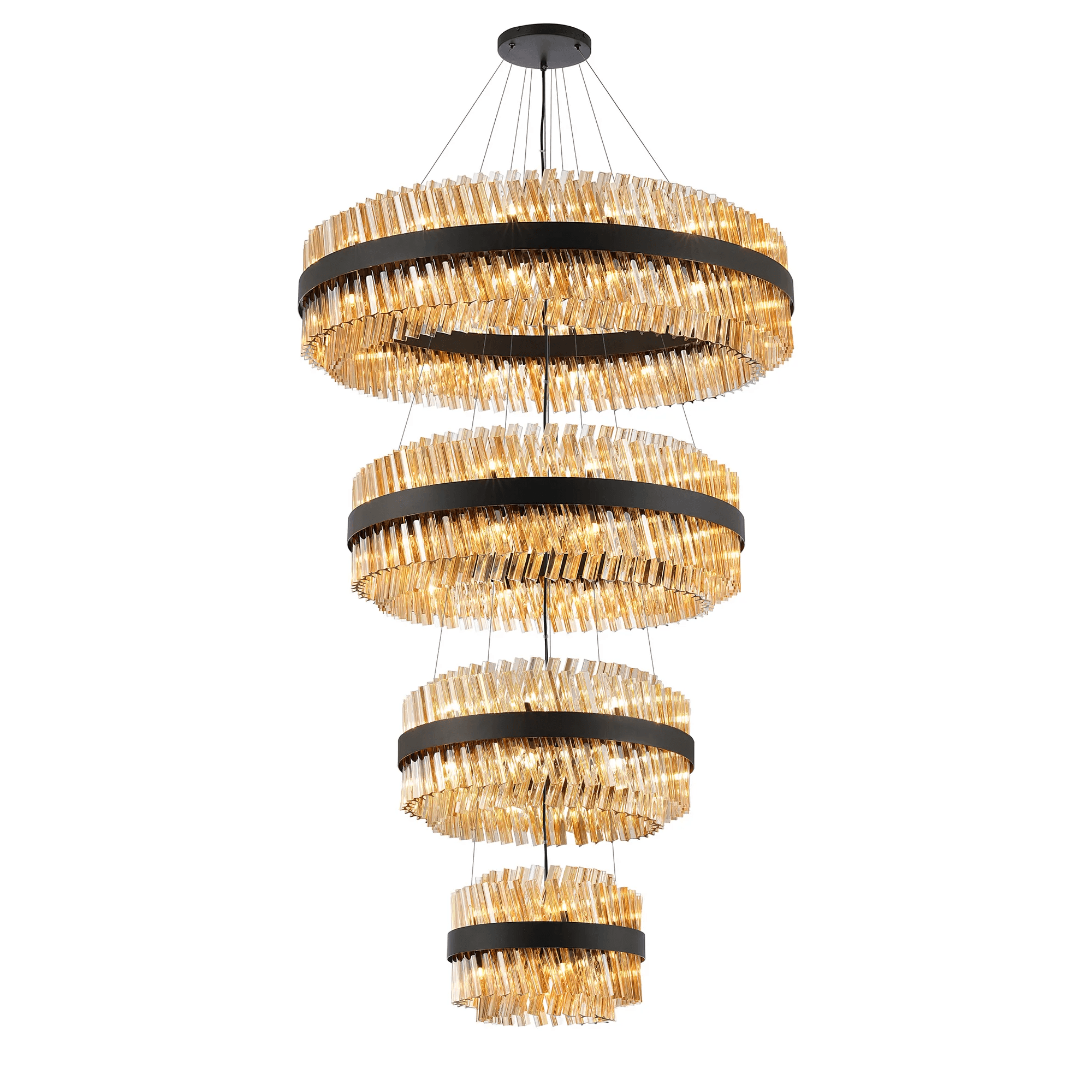Hampton 4 Tier 84 Light Ceiling Pendant Light In Satin Black With Amber Glass