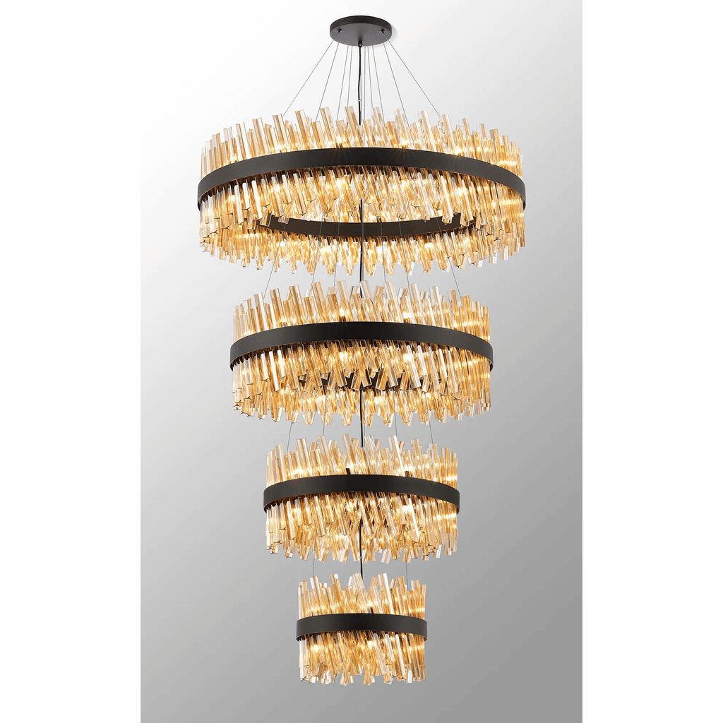 Hampton 4 Tier 84 Light Ceiling Pendant Light In Satin Black With Amber Glass