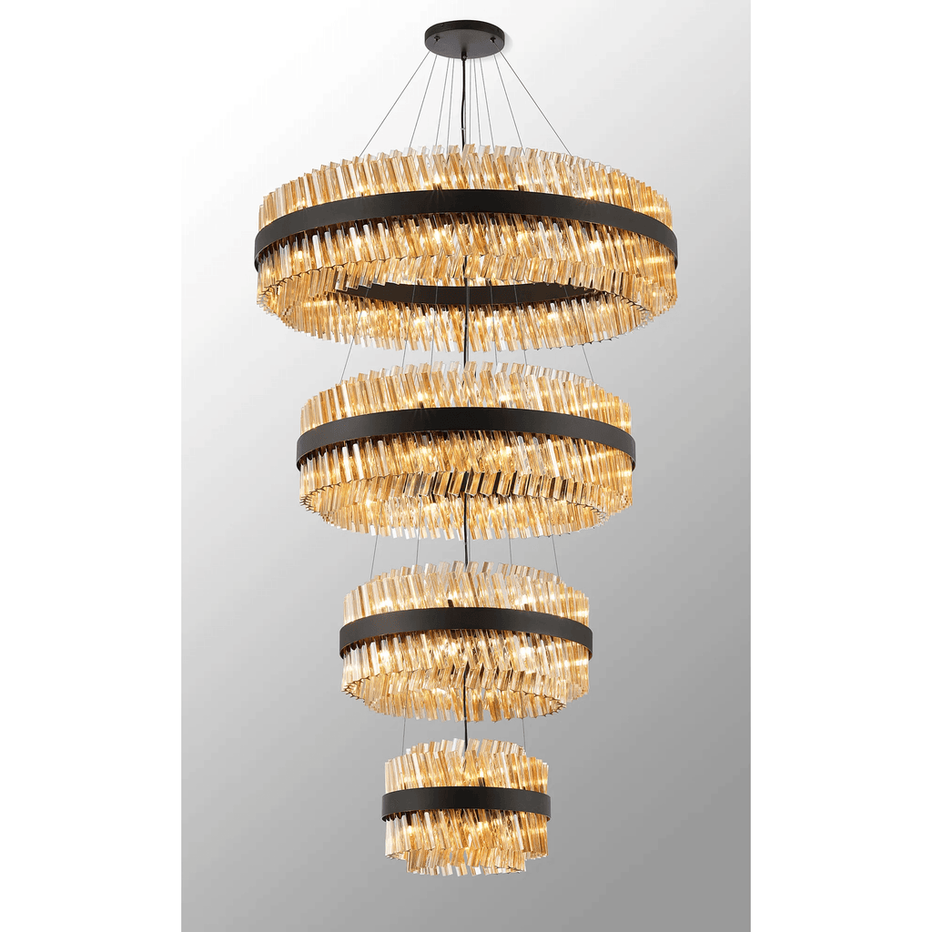 Hampton 4 Tier 84 Light Ceiling Pendant Light In Satin Black With Amber Glass