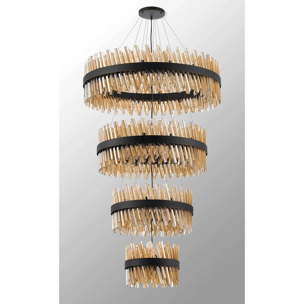 Hampton 4 Tier 84 Light Ceiling Pendant Light In Satin Black With Amber Glass
