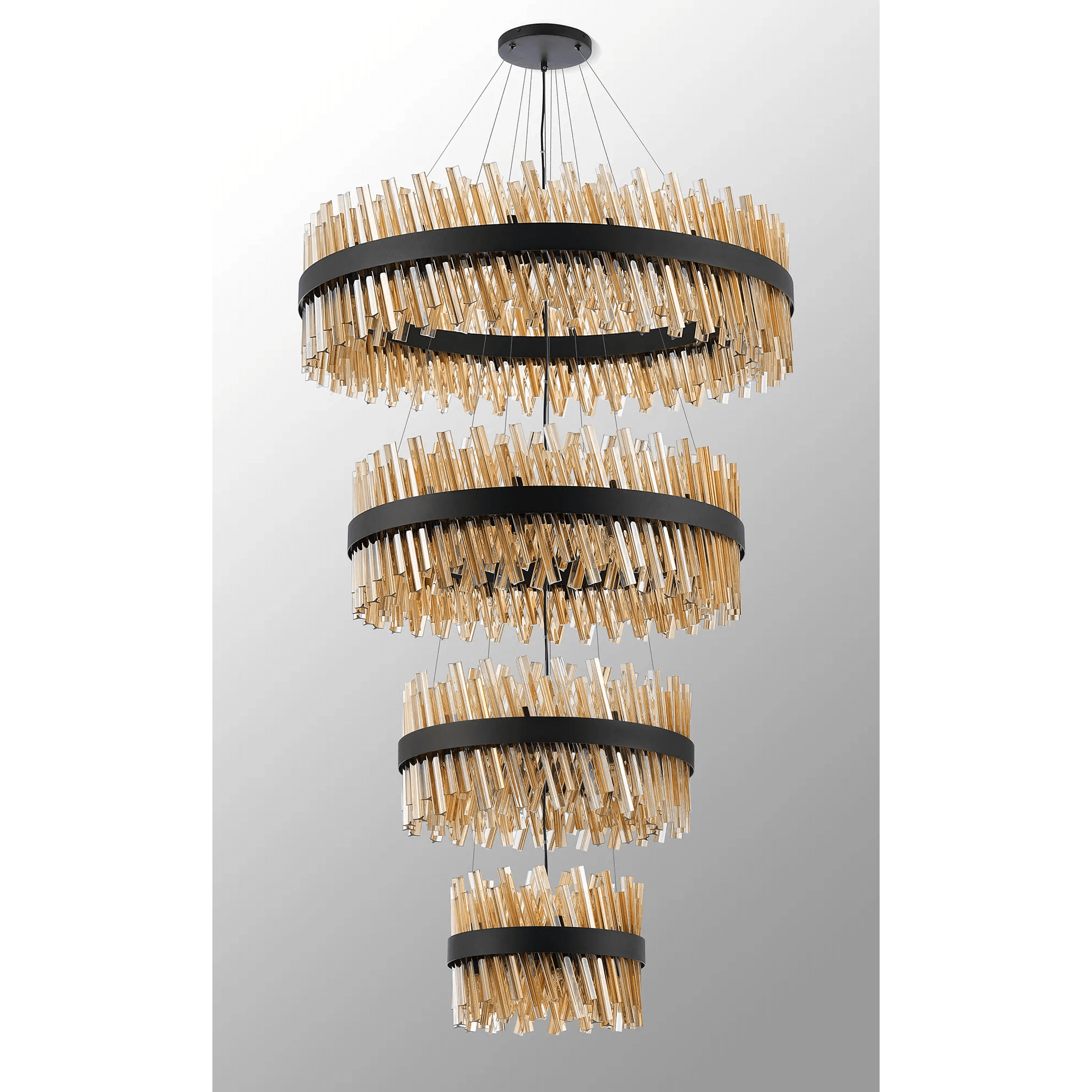 Hampton 4 Tier 84 Light Ceiling Pendant Light In Satin Black With Amber Glass