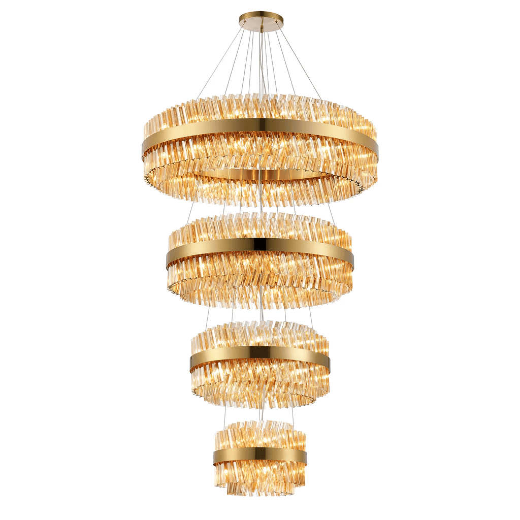 Hampton 4 Tier 84 Light Ceiling Pendant Light In Brass With Amber Glass