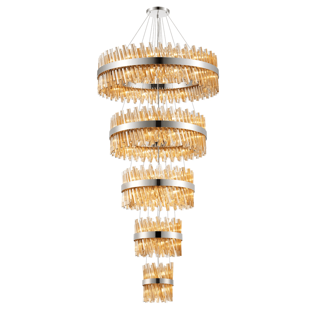 Hampton 5 Tier 90 Light Ceiling Pendant Light In Polished Nickel With Amber Glass