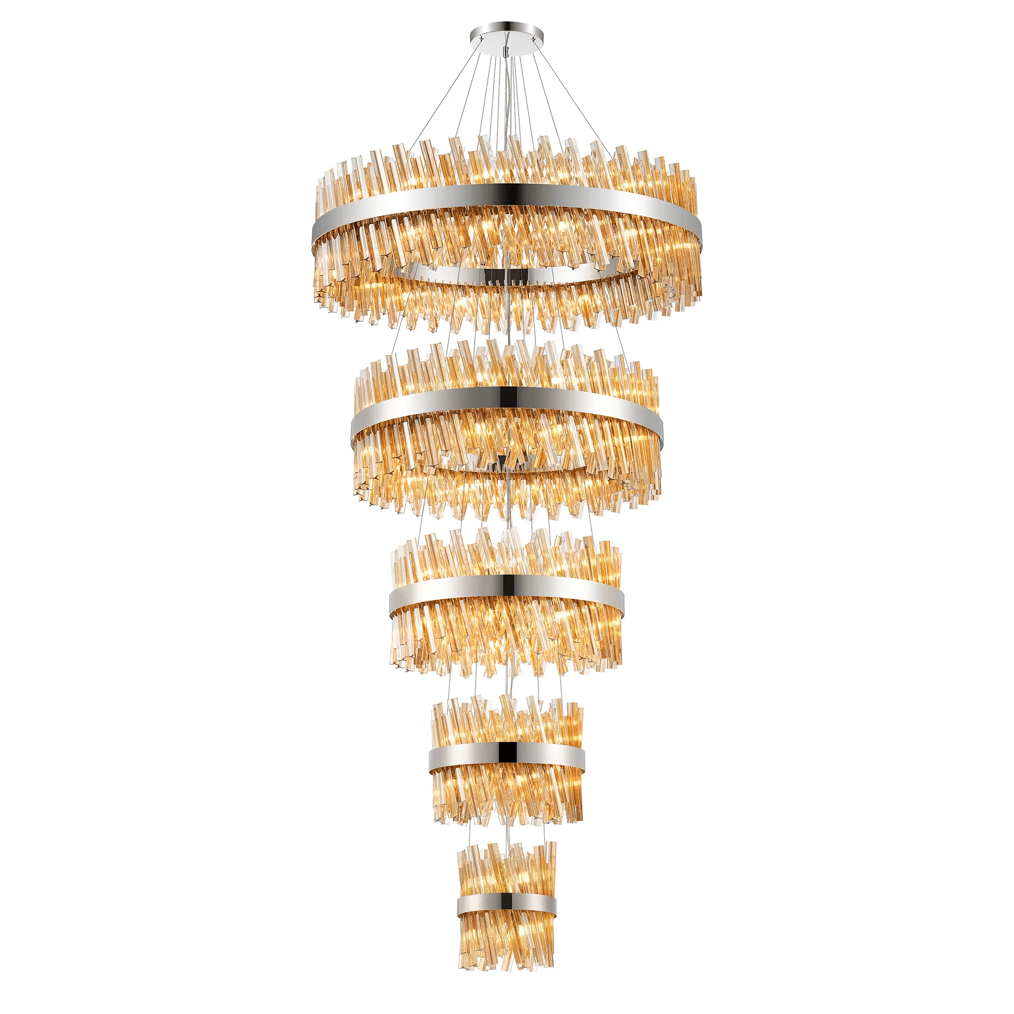 Hampton 5 Tier 90 Light Ceiling Pendant Light In Polished Nickel With Amber Glass